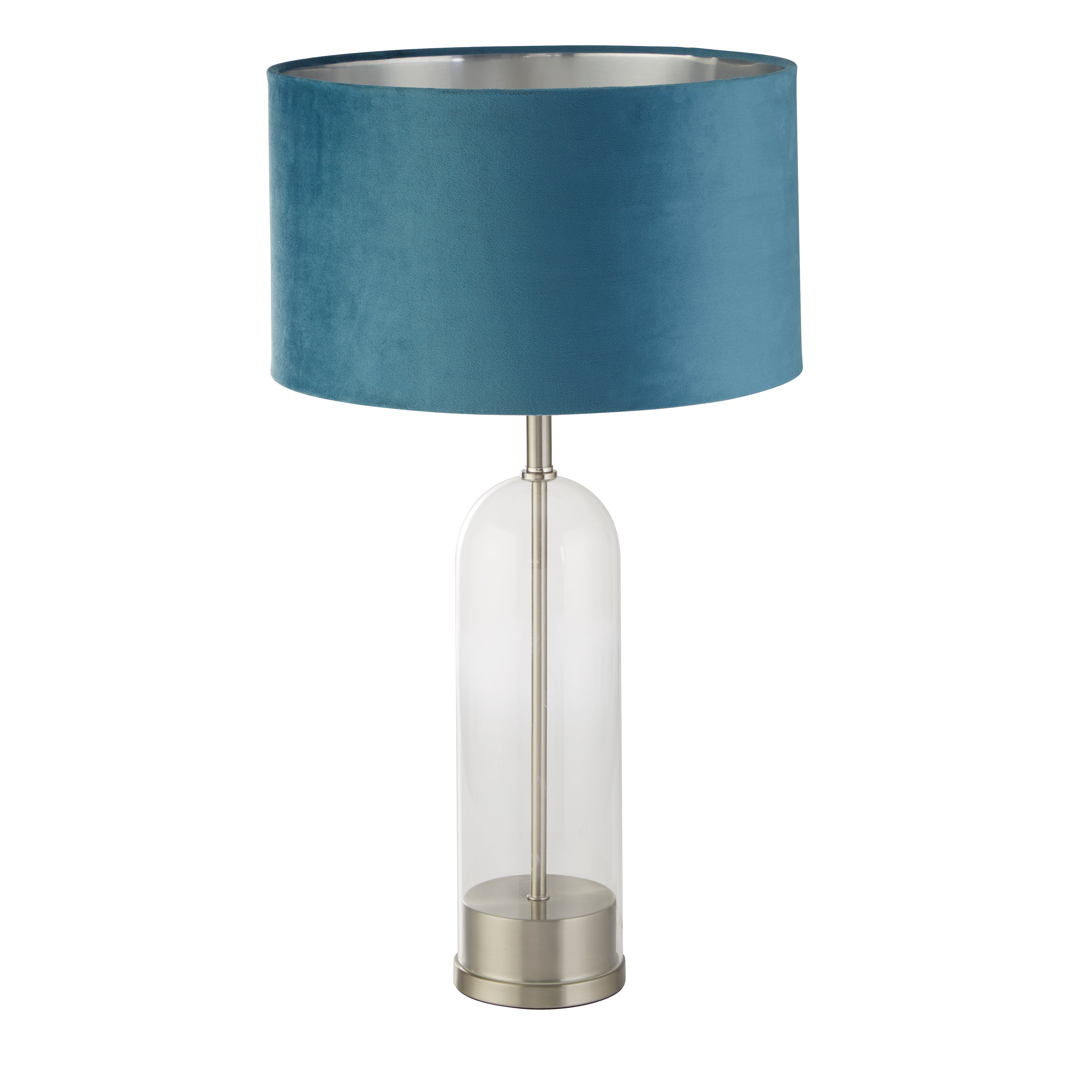 Searchlight Owen Table Lamp - Satin Nickel, Glass & Teal Velvet Shade