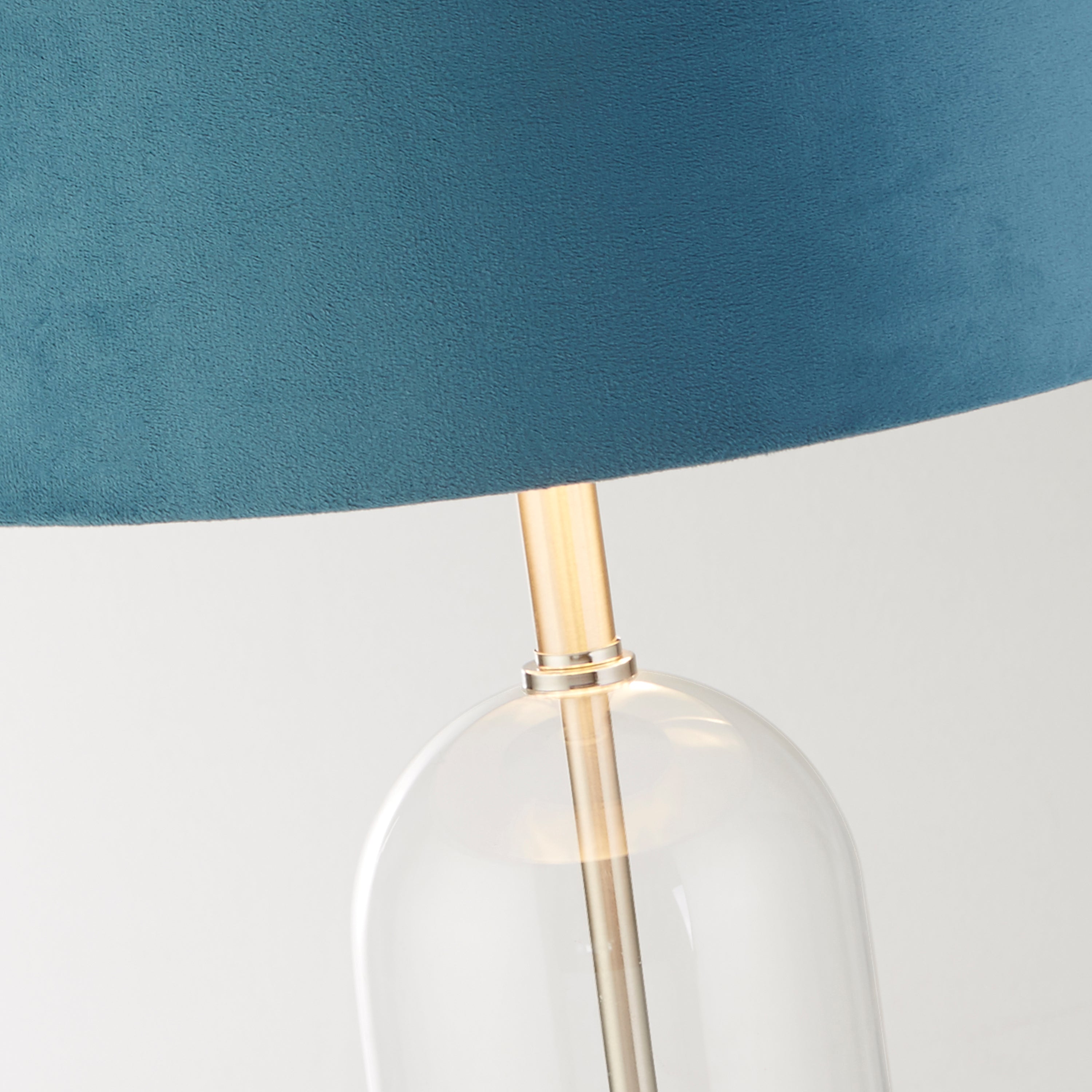 Searchlight Owen Table Lamp - Satin Nickel, Glass & Teal Velvet Shade