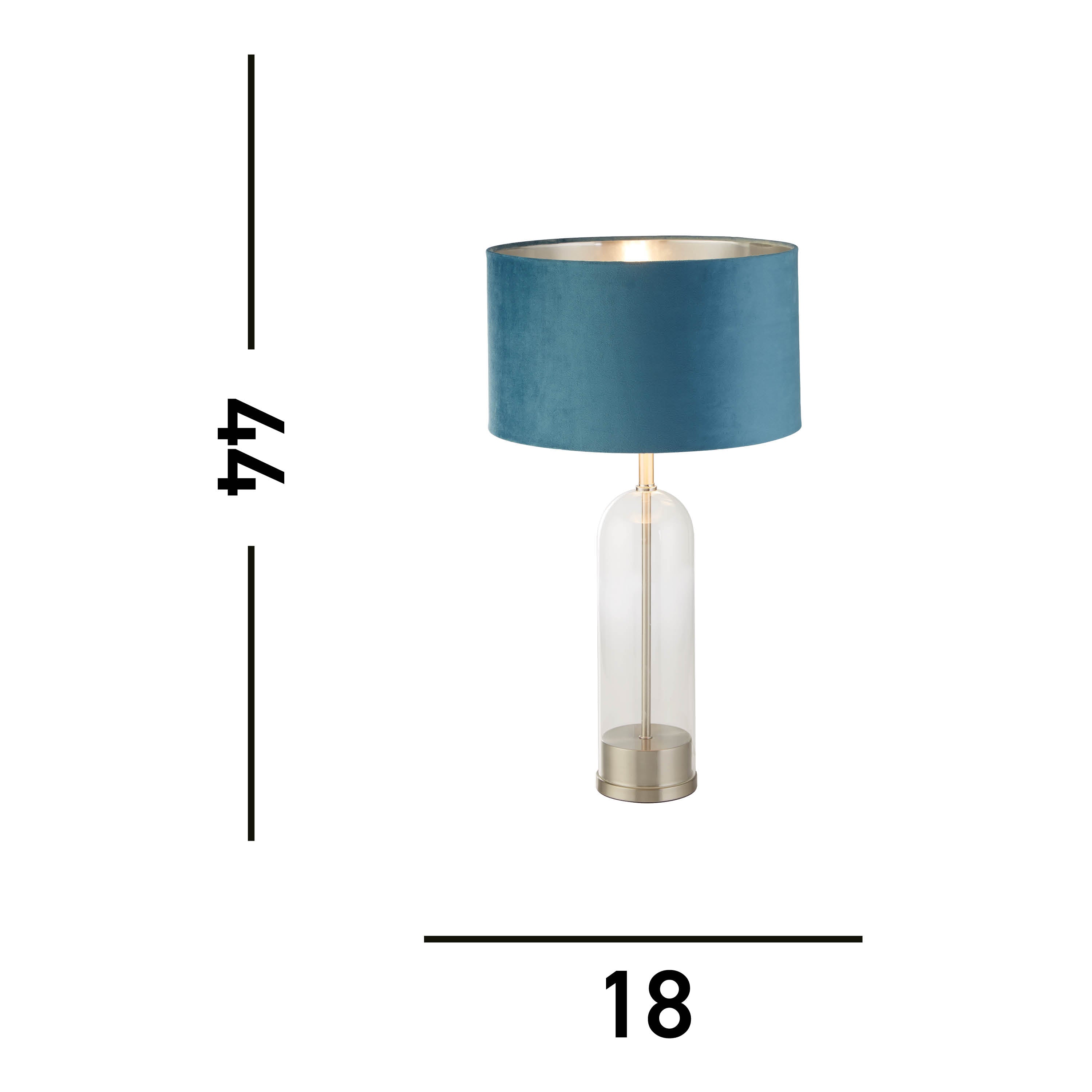 Searchlight Owen Table Lamp - Satin Nickel, Glass & Teal Velvet Shade