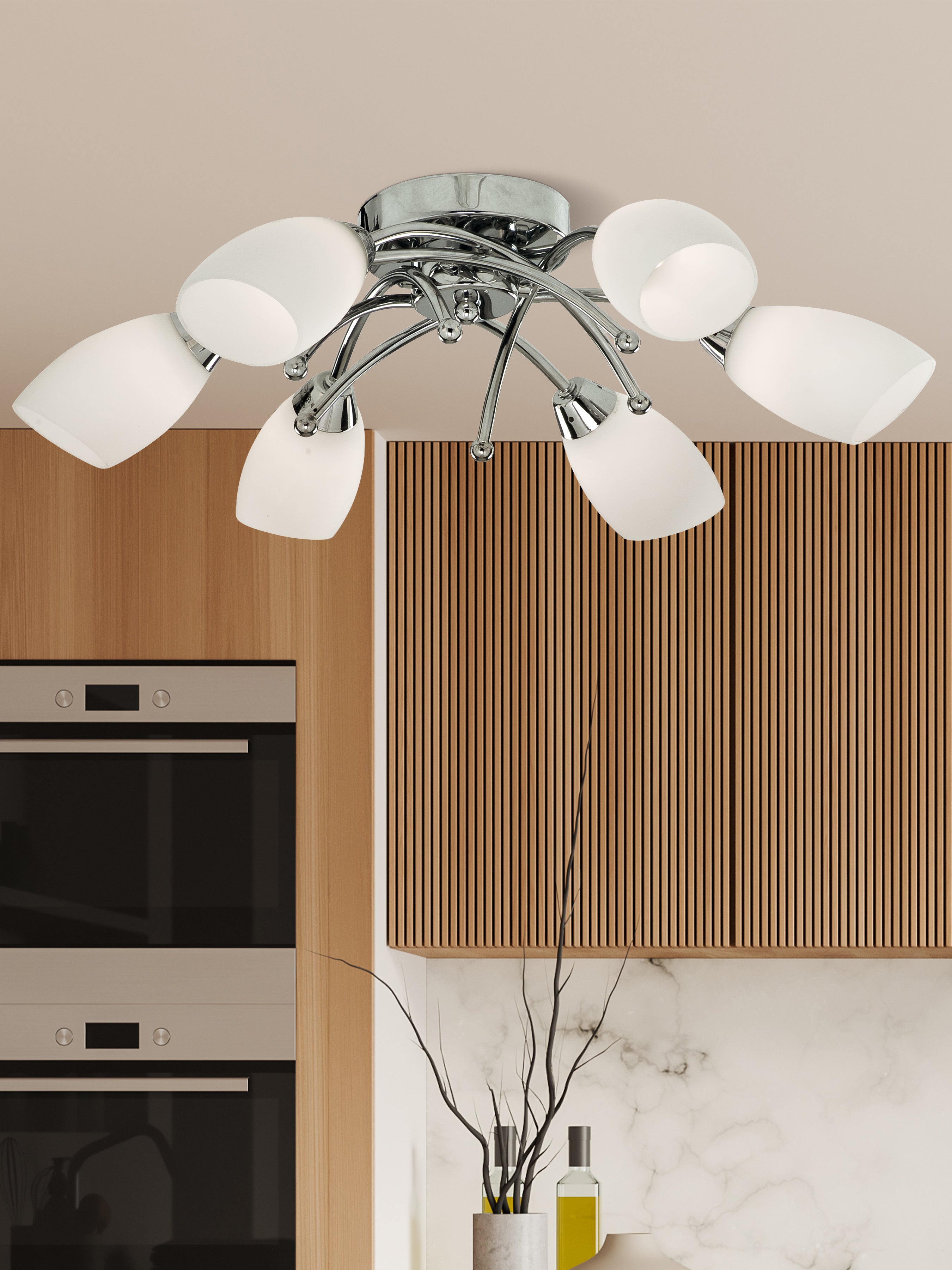 Searchlight Oakfield 6 Light Chrome Flush With Opal Glass