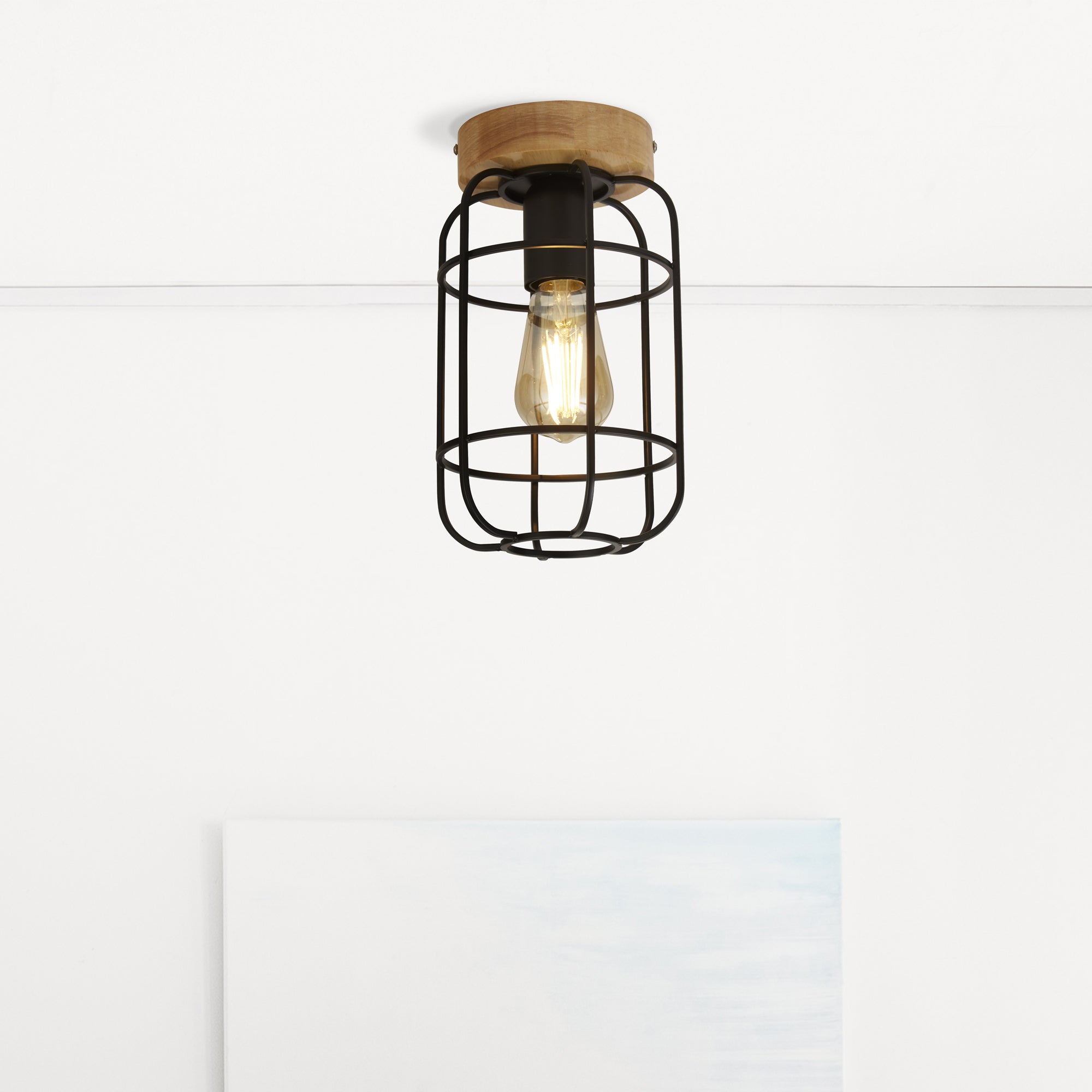 Searchlight Vermouth Cage Ceiling Light - Matt Black & Wood