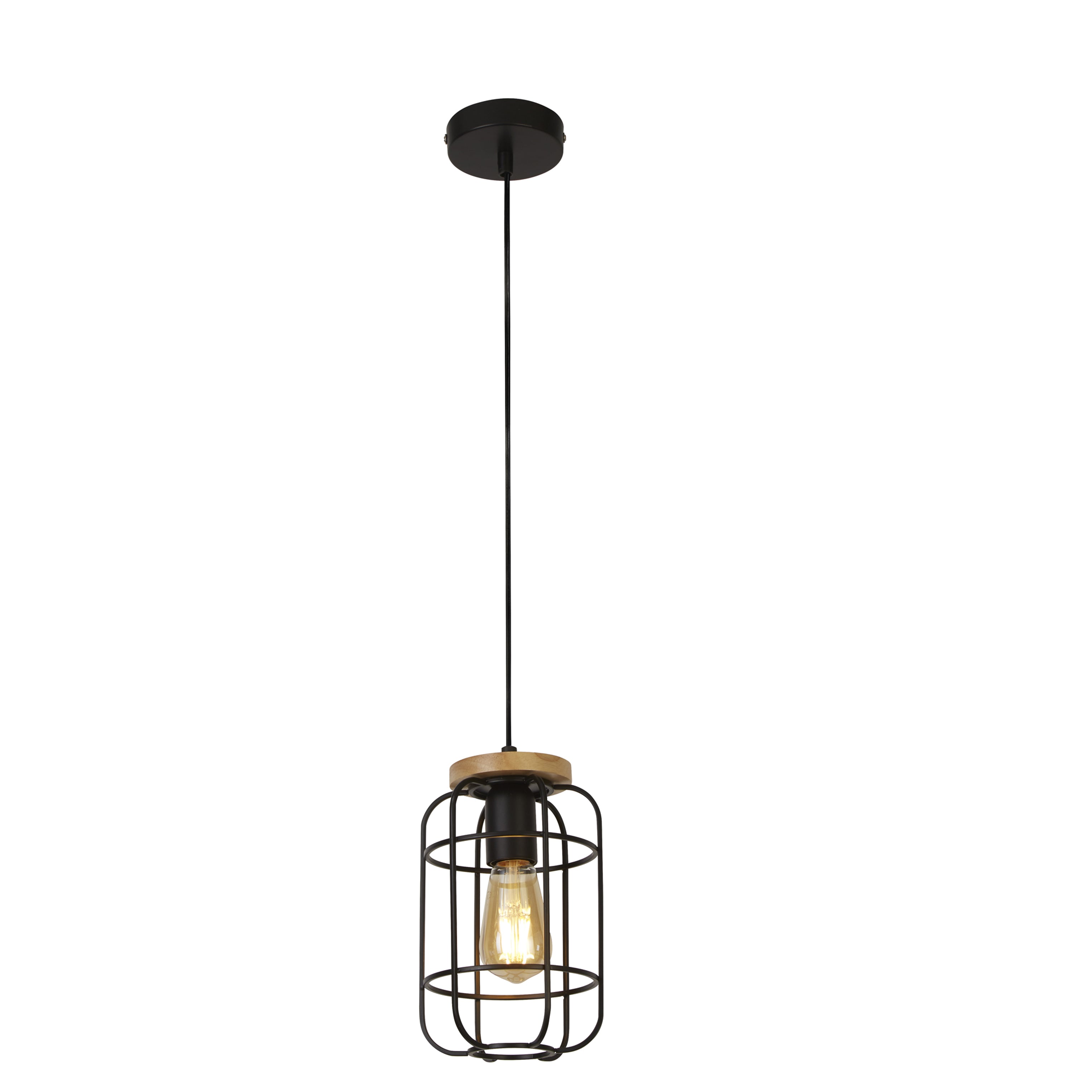 Searchlight Vermouth Cage Ceiling Pendant - Matt Black & Wood