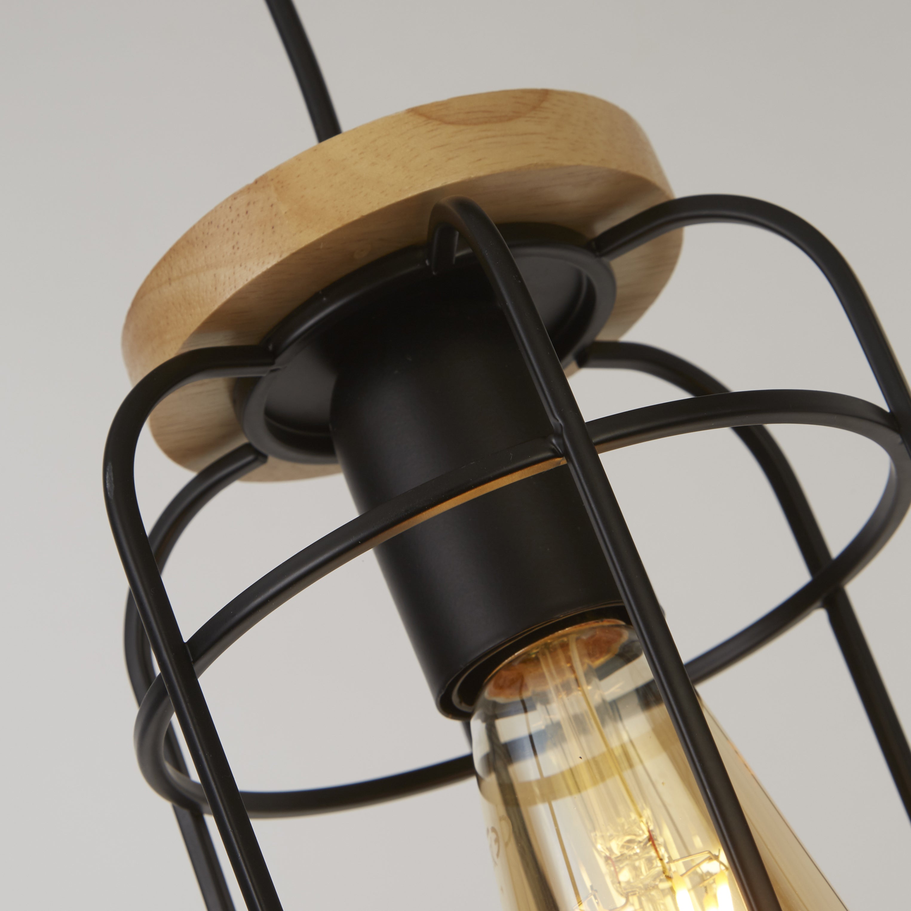 Searchlight Vermouth Cage Ceiling Pendant - Matt Black & Wood