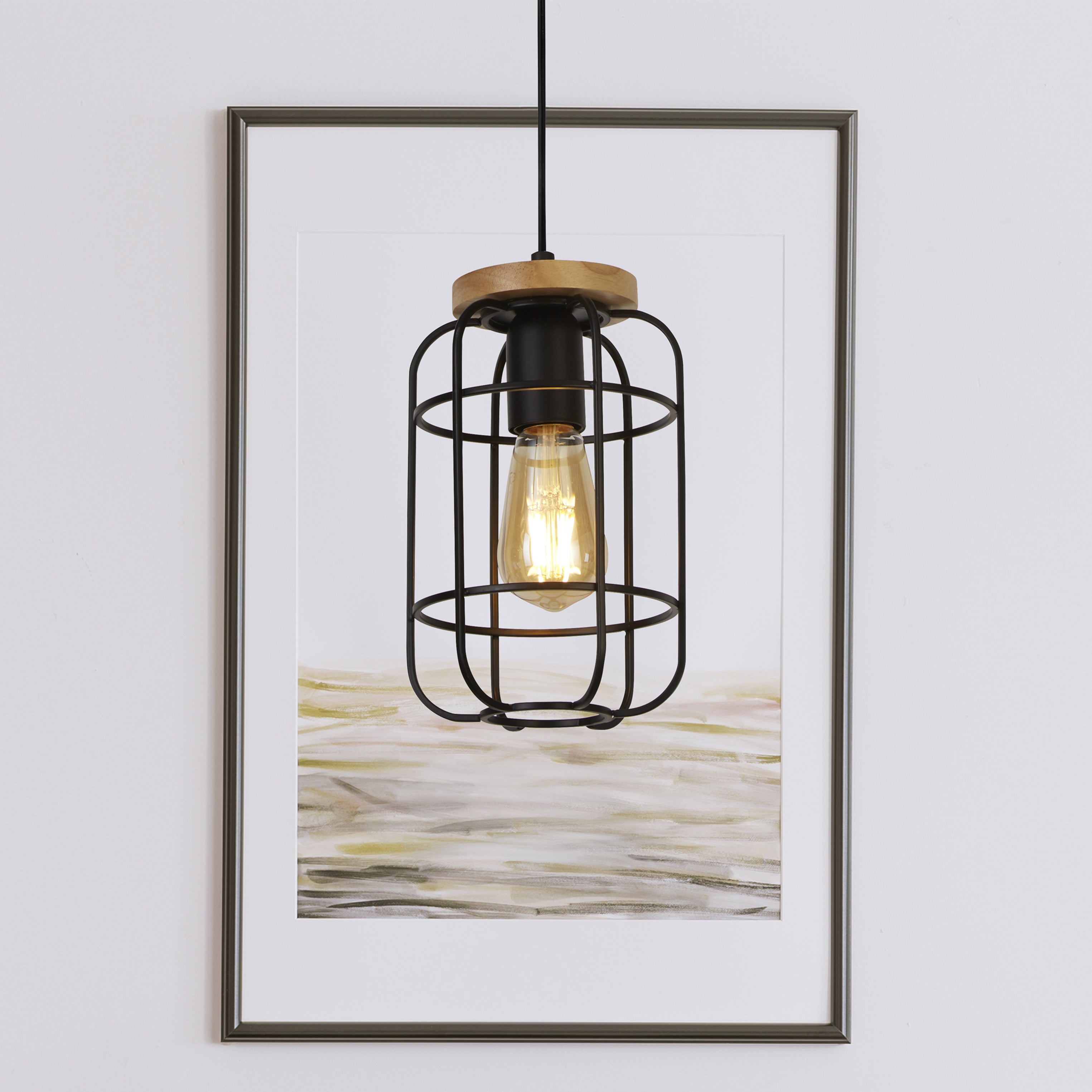 Searchlight Vermouth Cage Ceiling Pendant - Matt Black & Wood