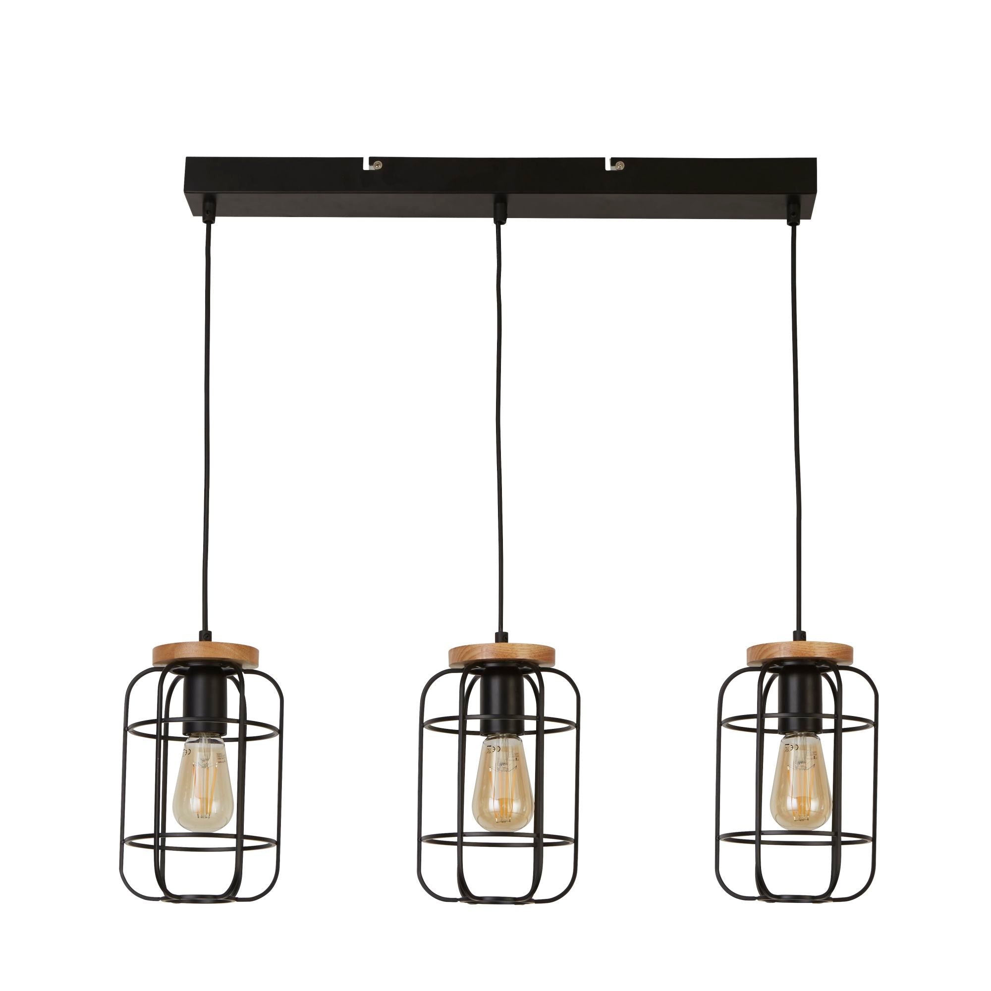 Searchlight Vermouth 3 Light Cage Bar Ceiling Pendant - Matt Black & Wood