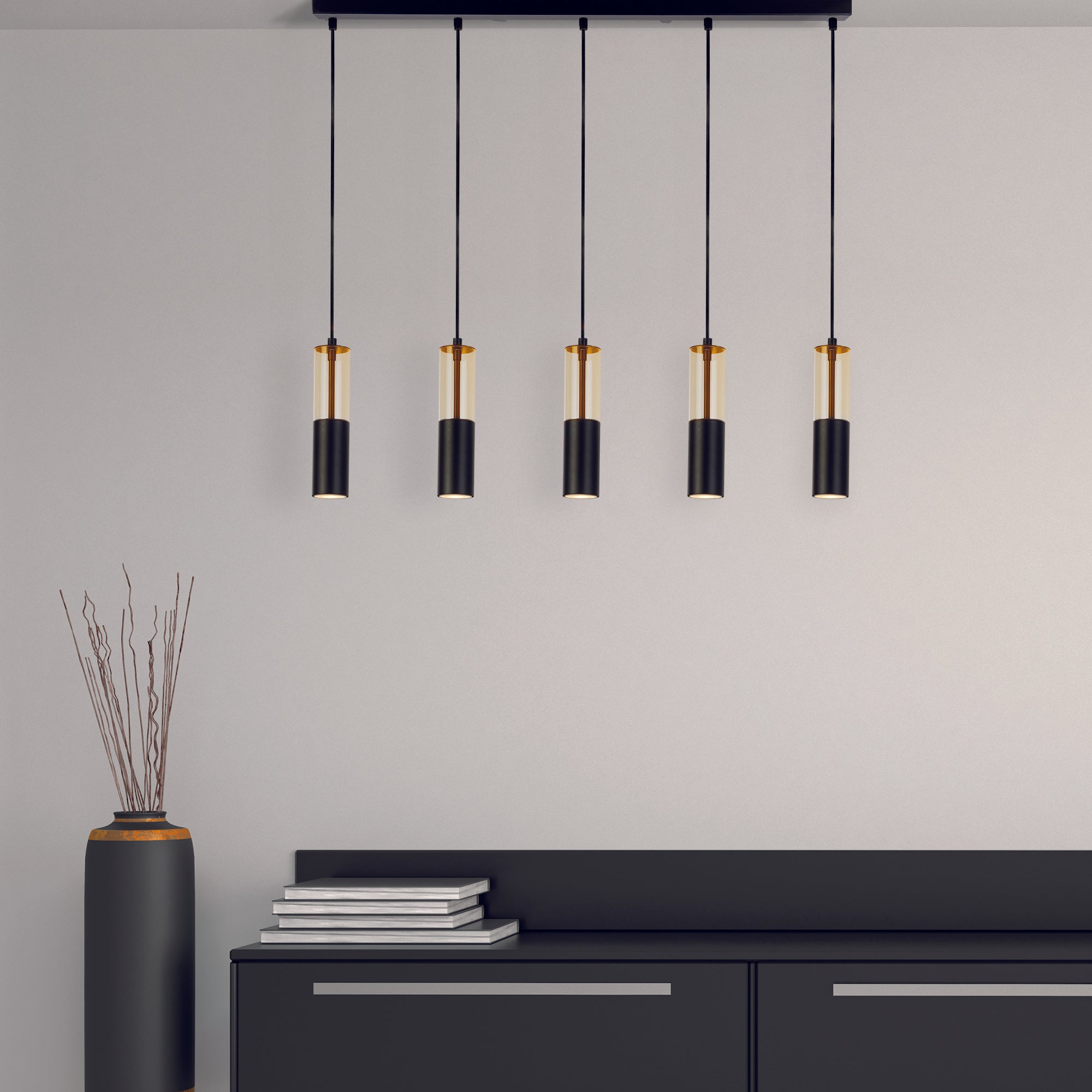 Searchlight Maud 5 Light Bar Ceiling Pendant - Amber Acrylic & Black