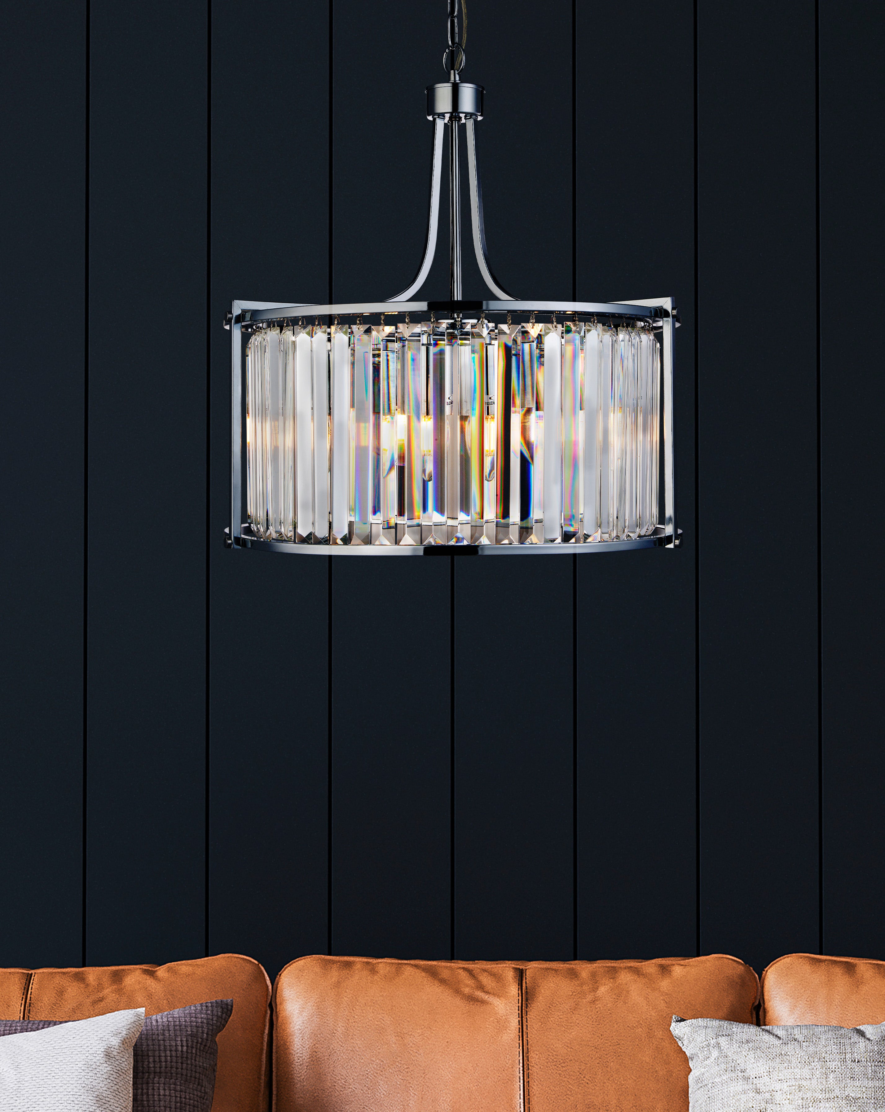 Searchlight Villier 5 Light Drum Pendant, Chrome With Crystal Glass