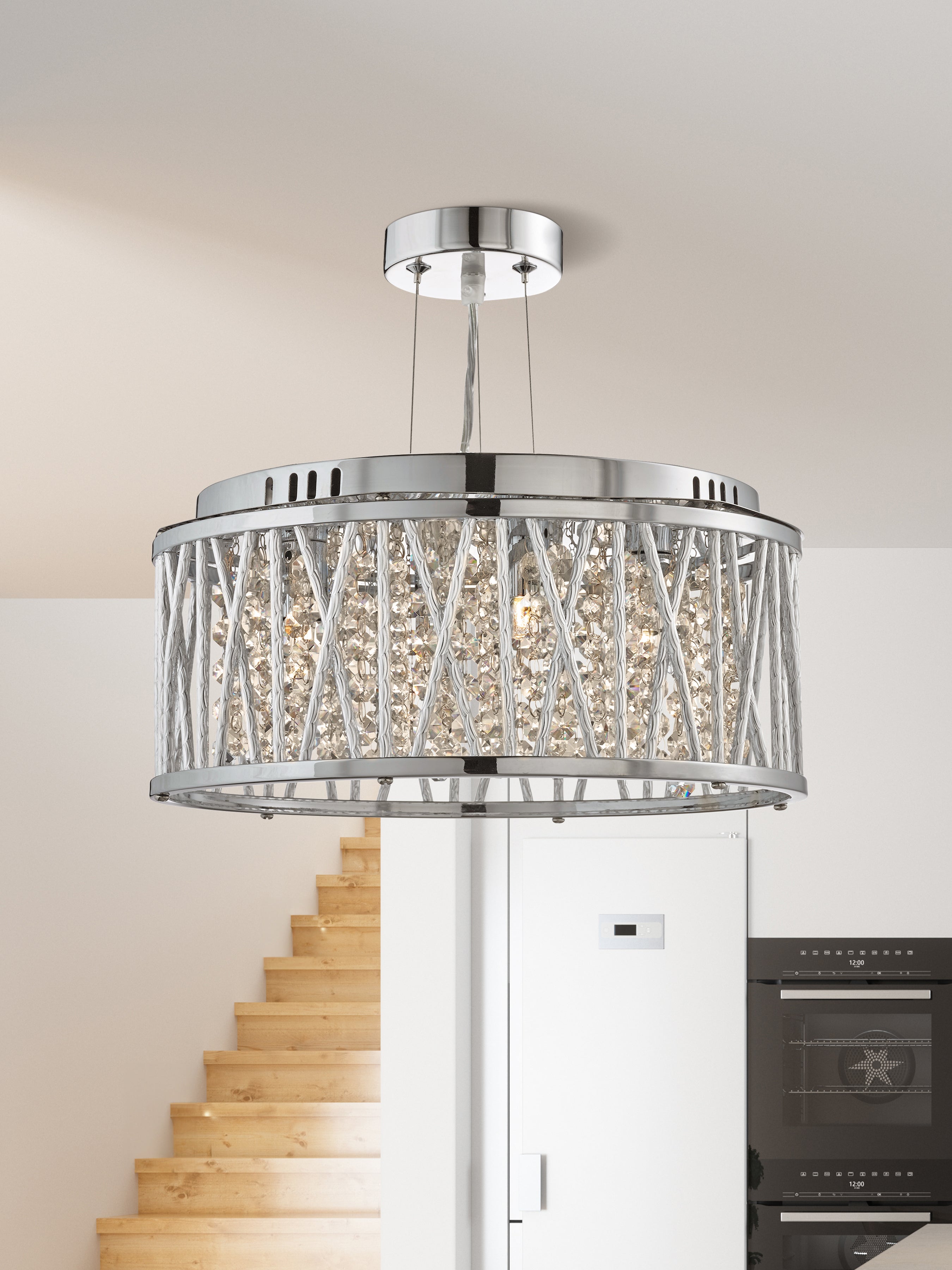 Searchlight Edgeware 3 Light Ceiling Flush/Pendant - Chrome, & Clear Crystal Button Drops