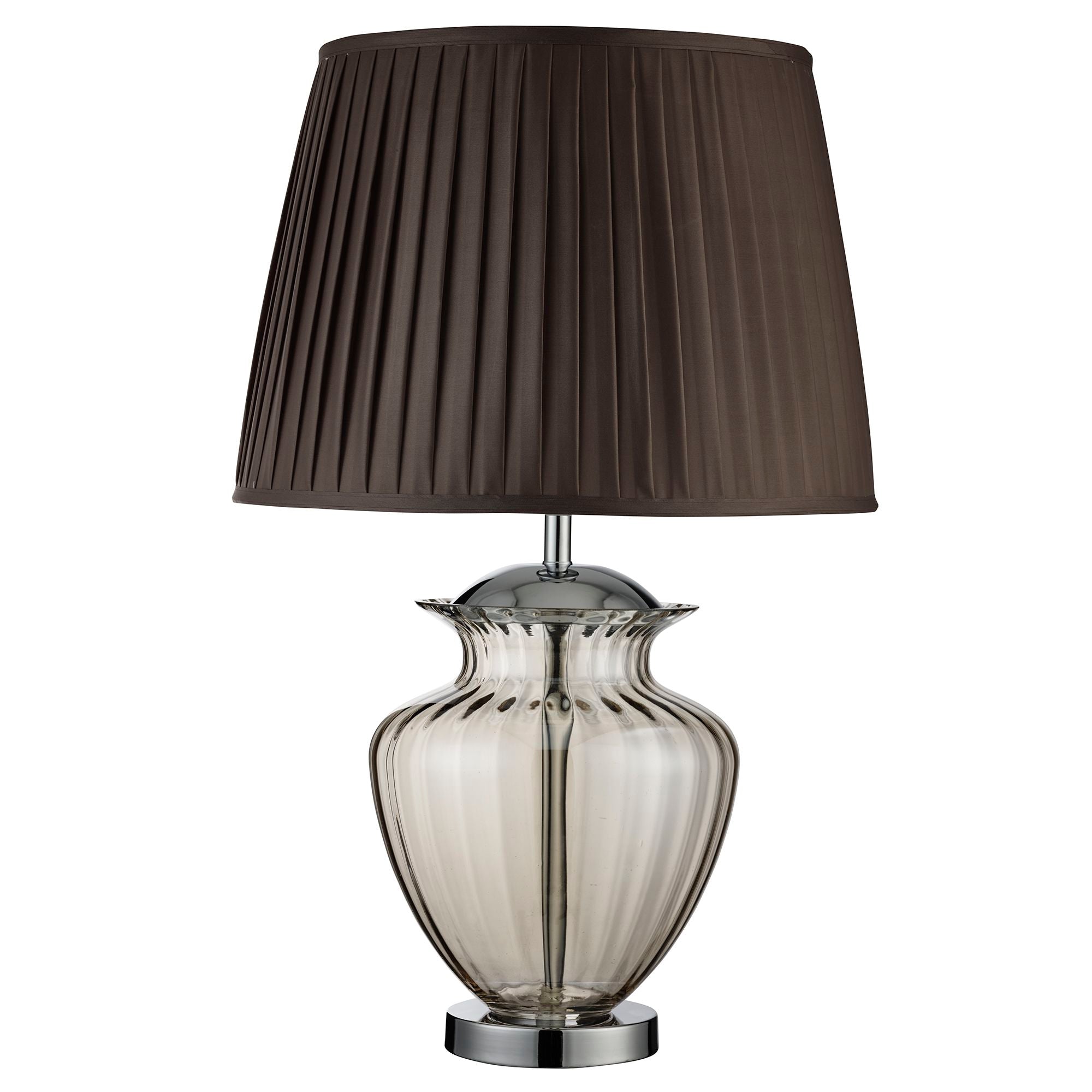 Searchlight Edgar Table Lamp - Chrome, Amber Glass & Brown Shade