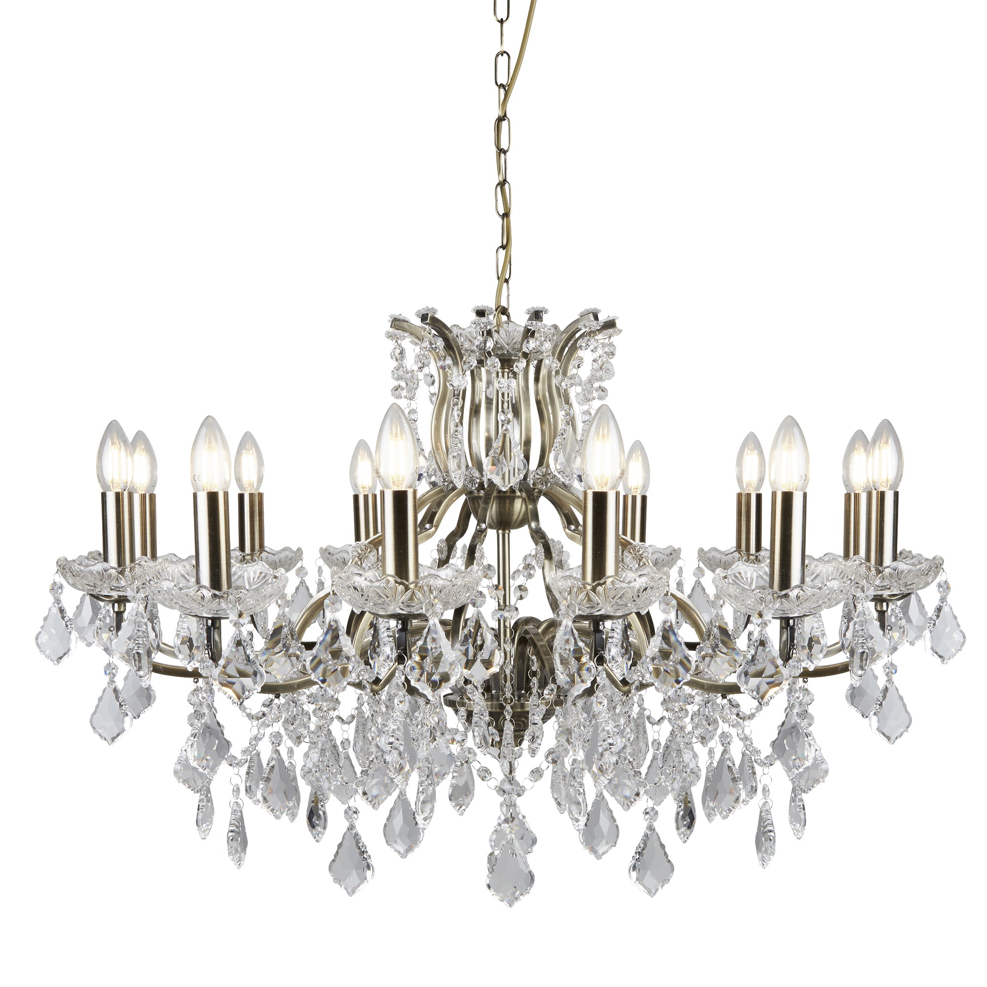 Searchlight Paley 12 Light Chandelier - Antique Brass & Clear Crystal Drops