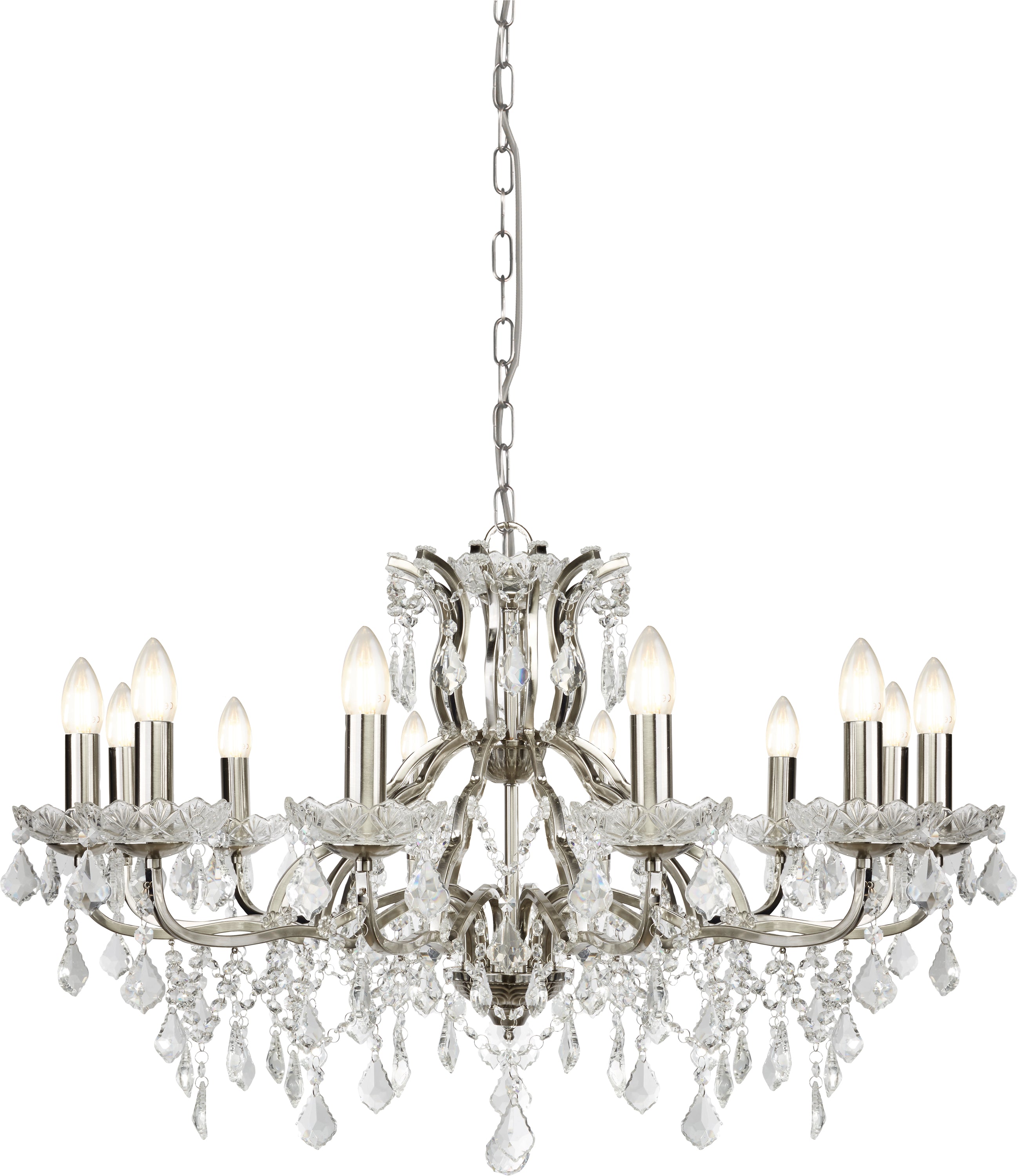 Searchlight Paley 12 Light Chandelier, Clear Crystal Drops & Trim, Satin Silver