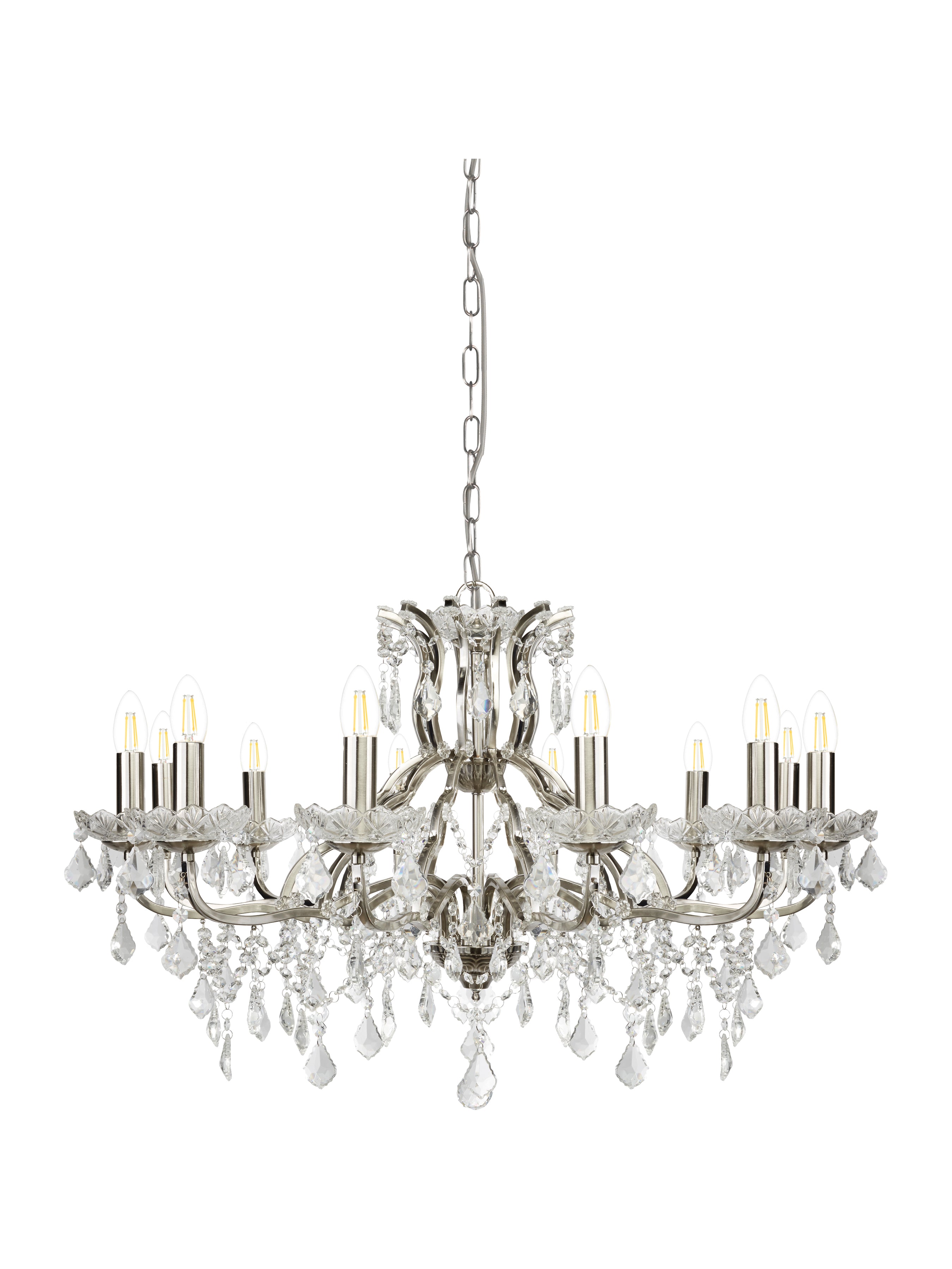 Searchlight Paley 12 Light Chandelier, Clear Crystal Drops & Trim, Satin Silver