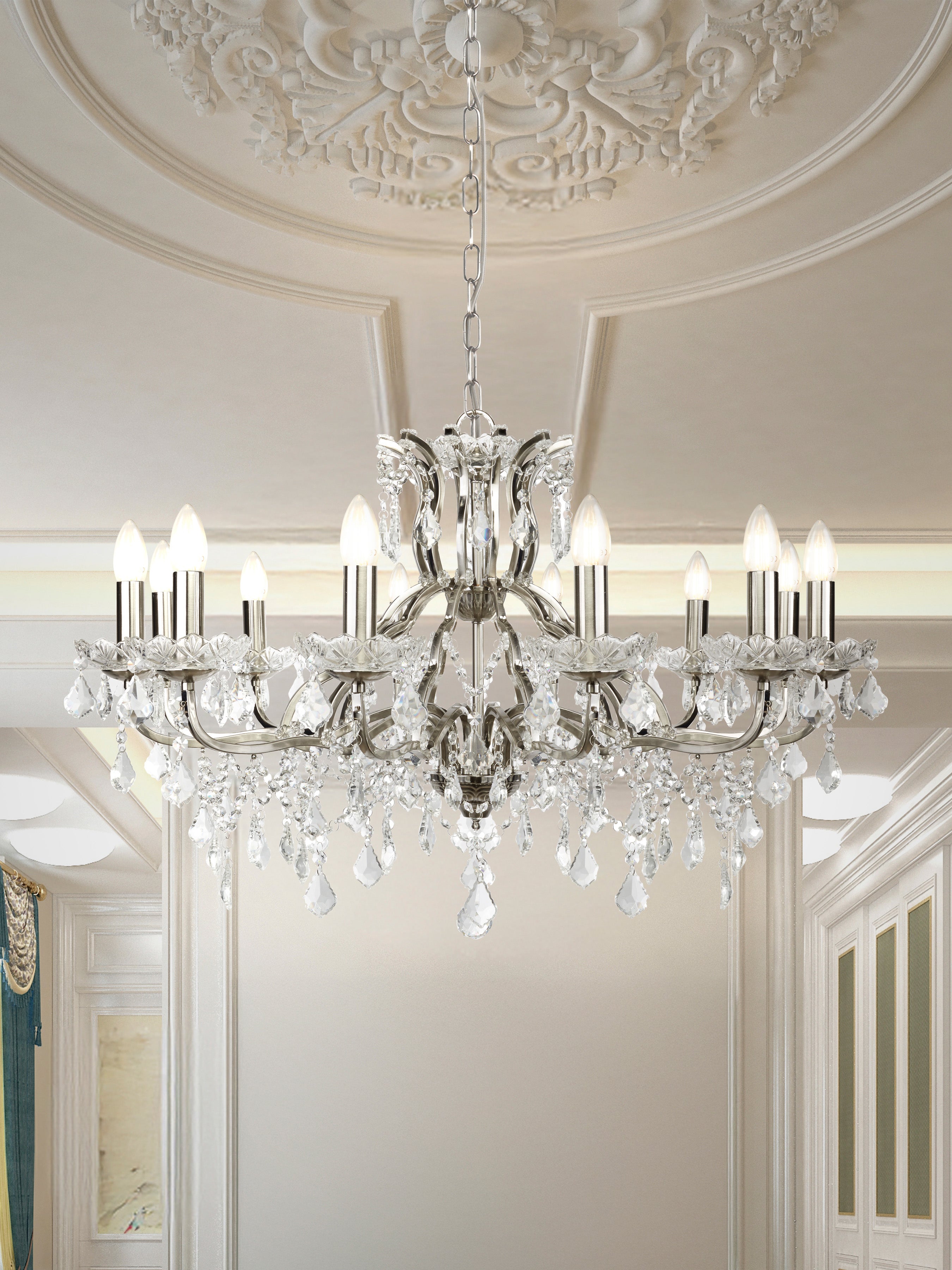 Searchlight Paley 12 Light Chandelier, Clear Crystal Drops & Trim, Satin Silver