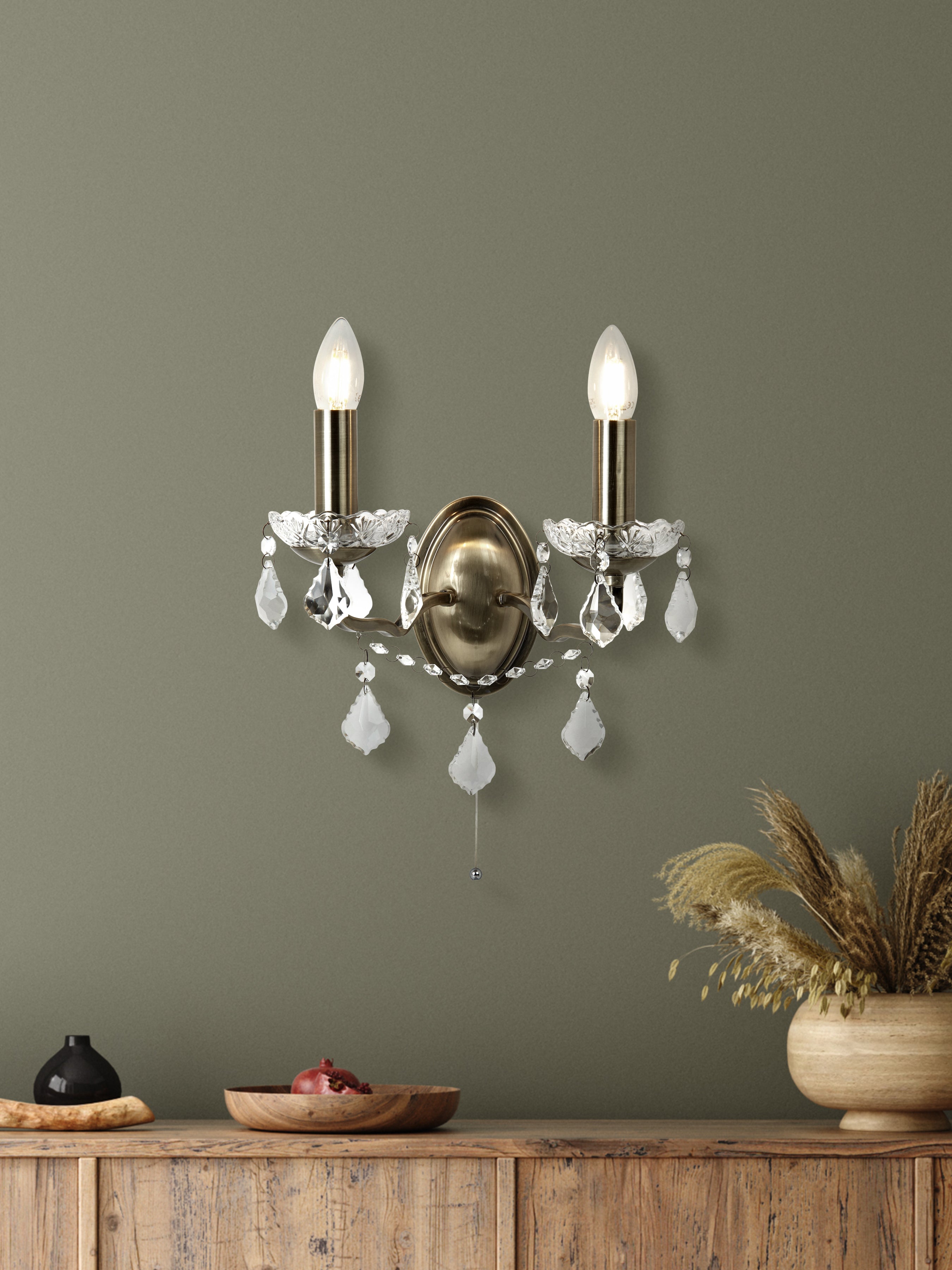 Searchlight Paley 2 Light Wall Light - Antique Brass & Clear Crystal Drops