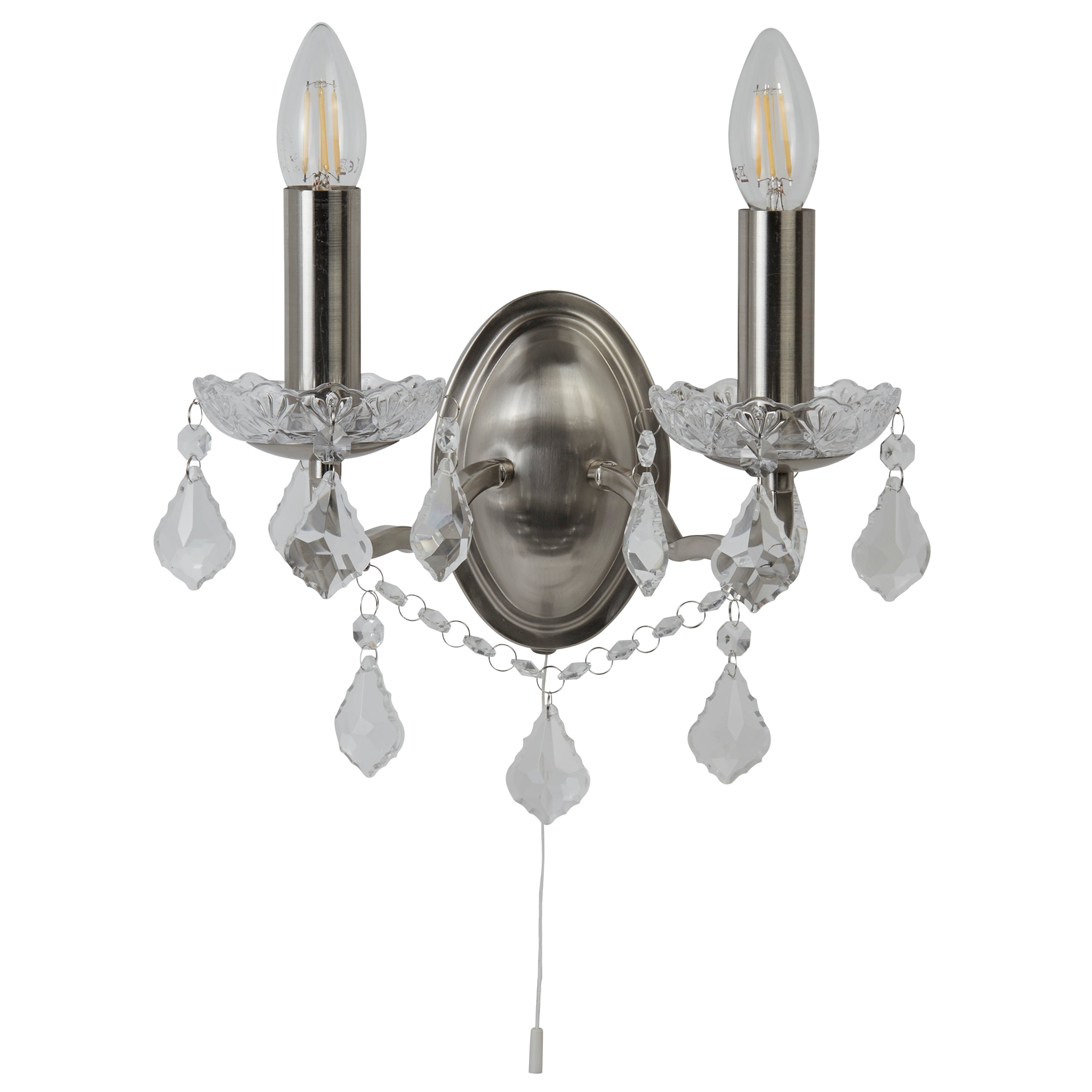 Searchlight Paley 2 Light Wall Light - Satin Silver & Clear Crystal Drops