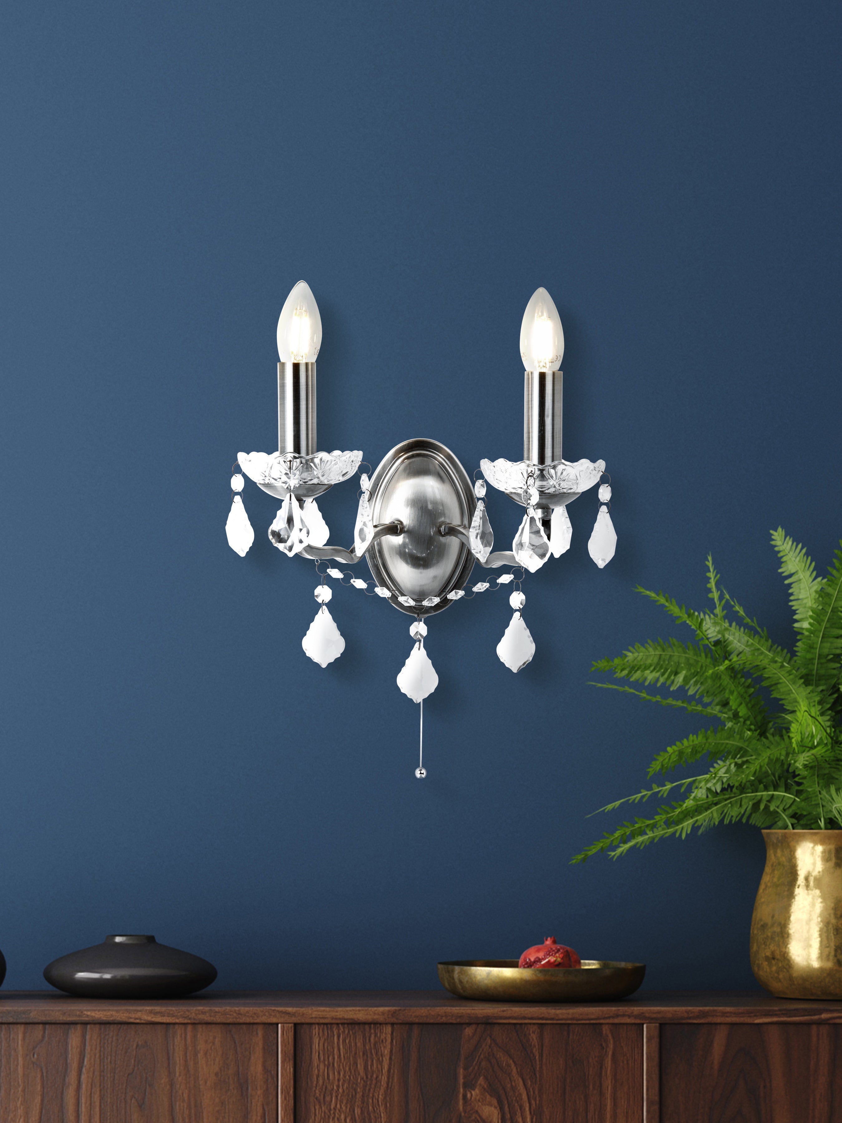 Searchlight Paley 2 Light Wall Light - Satin Silver & Clear Crystal Drops