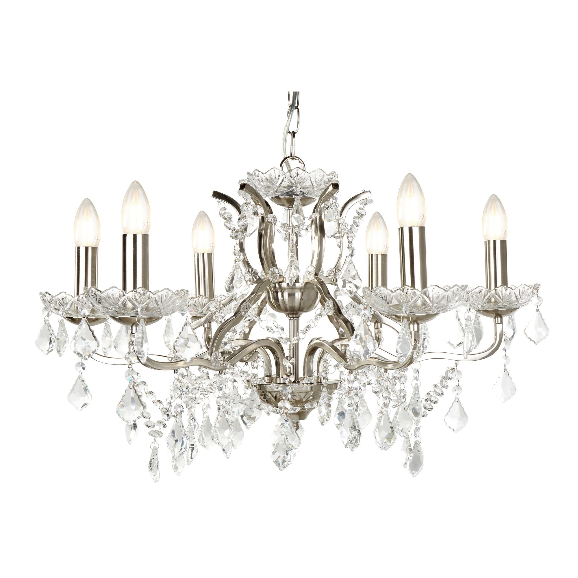 Searchlight Paley 6 Light Chandelier - Satin Silver & Clear Crystal Drops