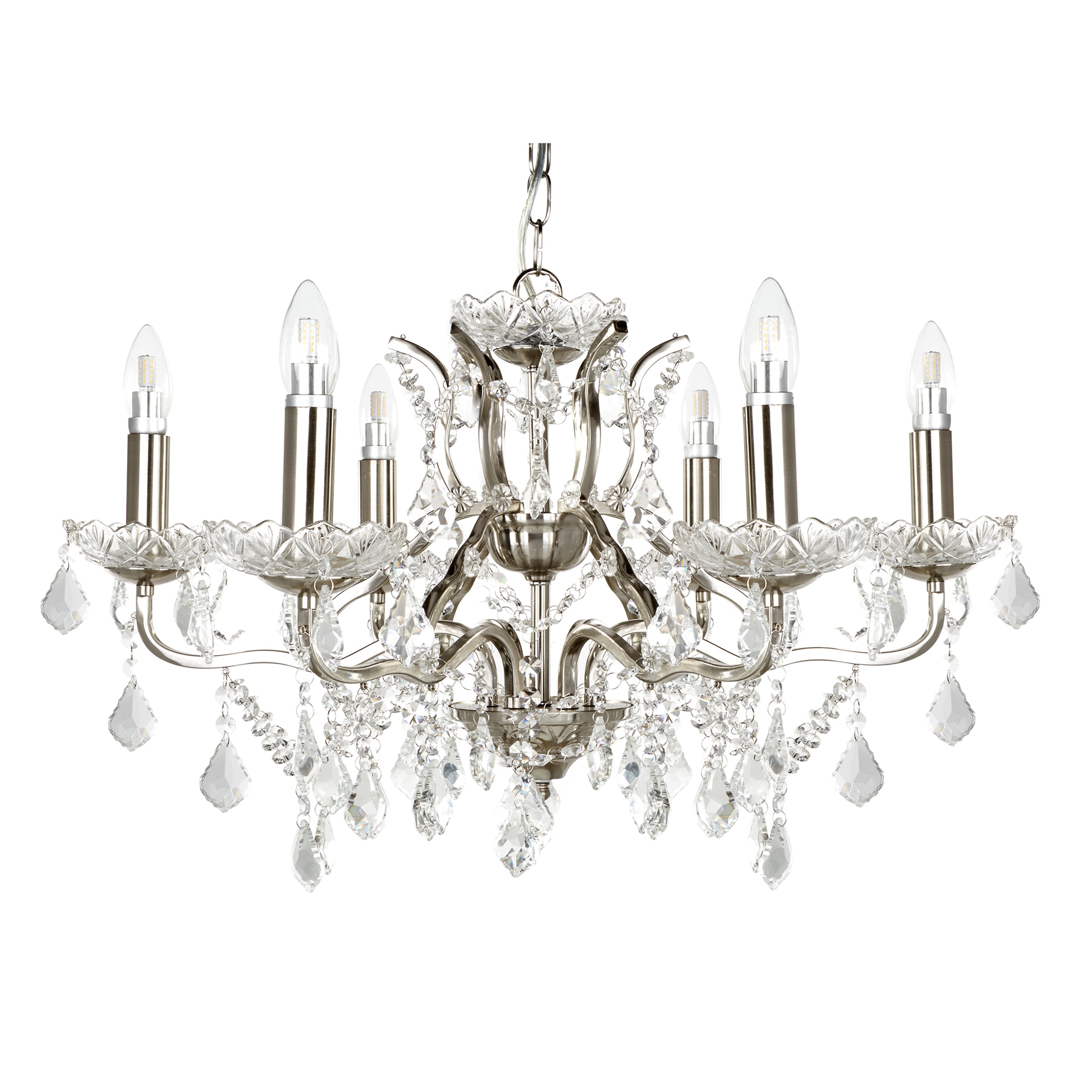 Searchlight Paley 6 Light Chandelier - Satin Silver & Clear Crystal Drops