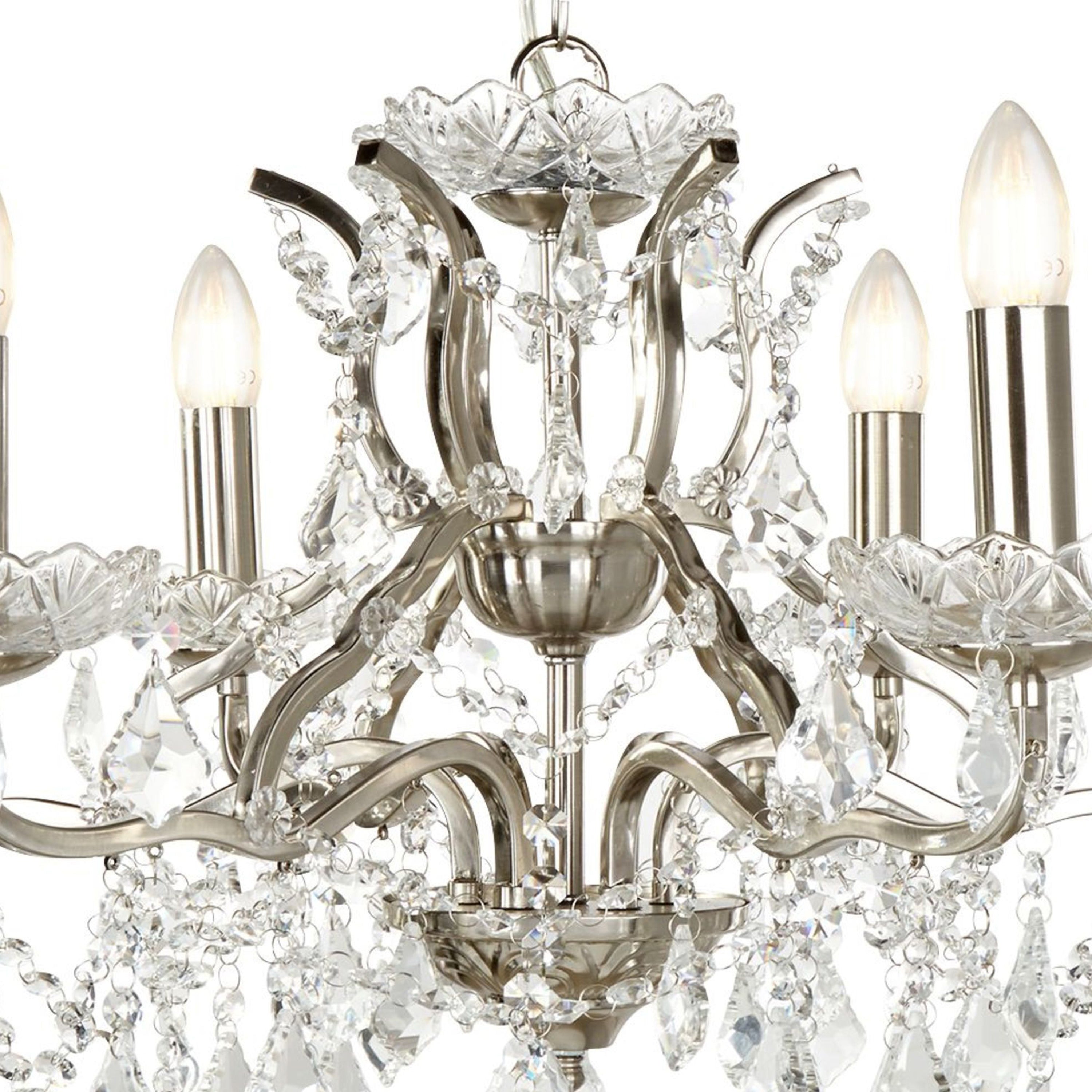 Searchlight Paley 6 Light Chandelier - Satin Silver & Clear Crystal Drops