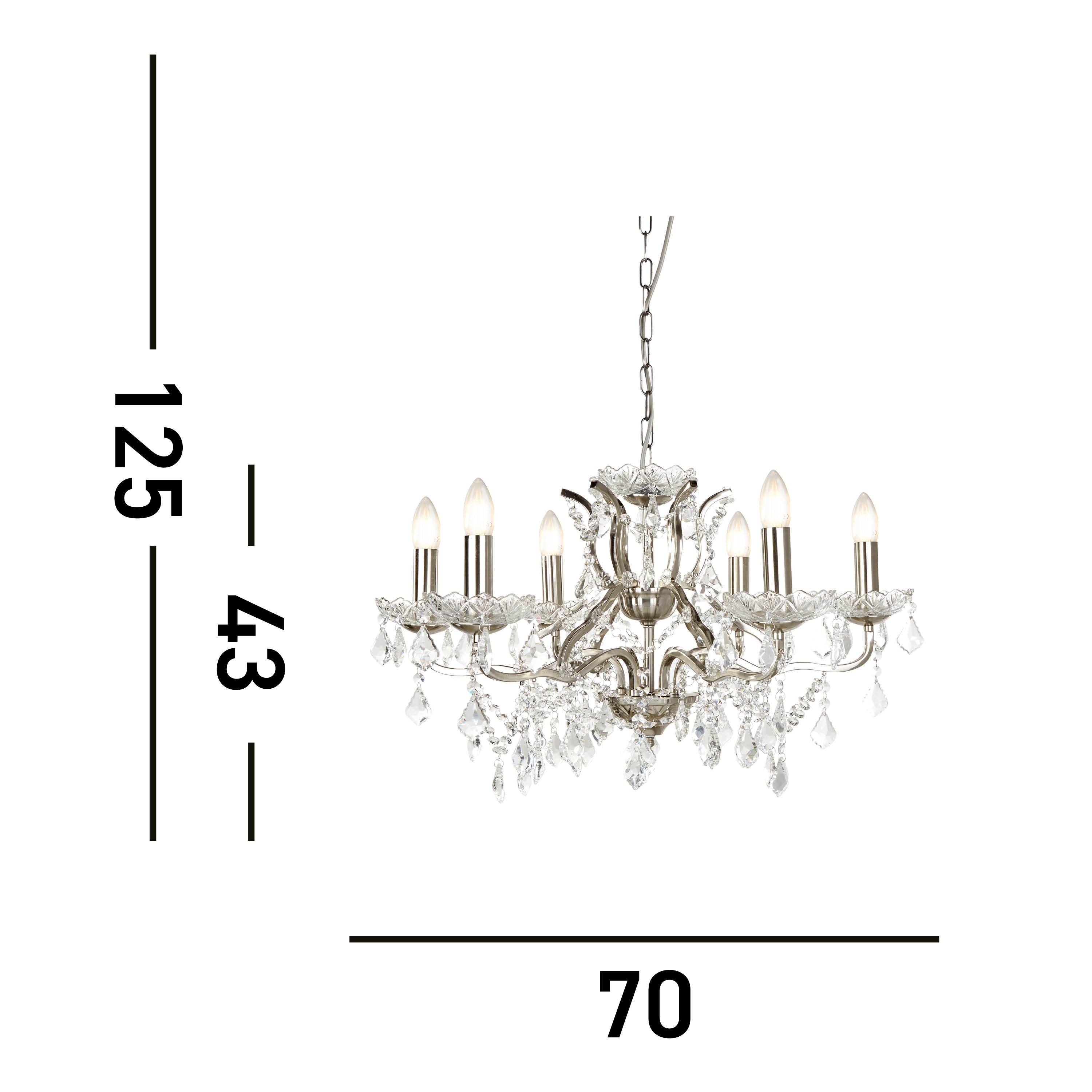 Searchlight Paley 6 Light Chandelier - Satin Silver & Clear Crystal Drops
