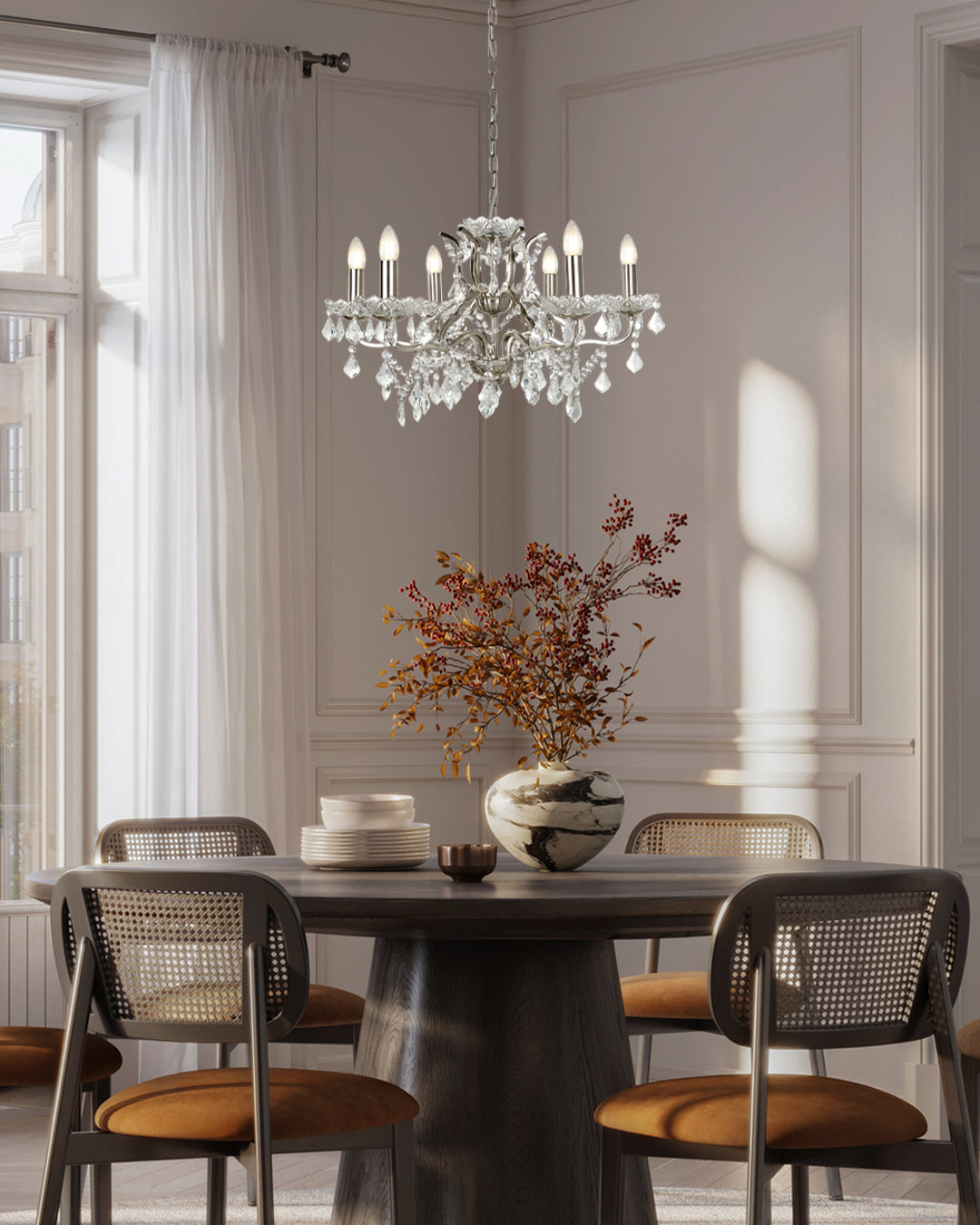 Searchlight Paley 6 Light Chandelier - Satin Silver & Clear Crystal Drops