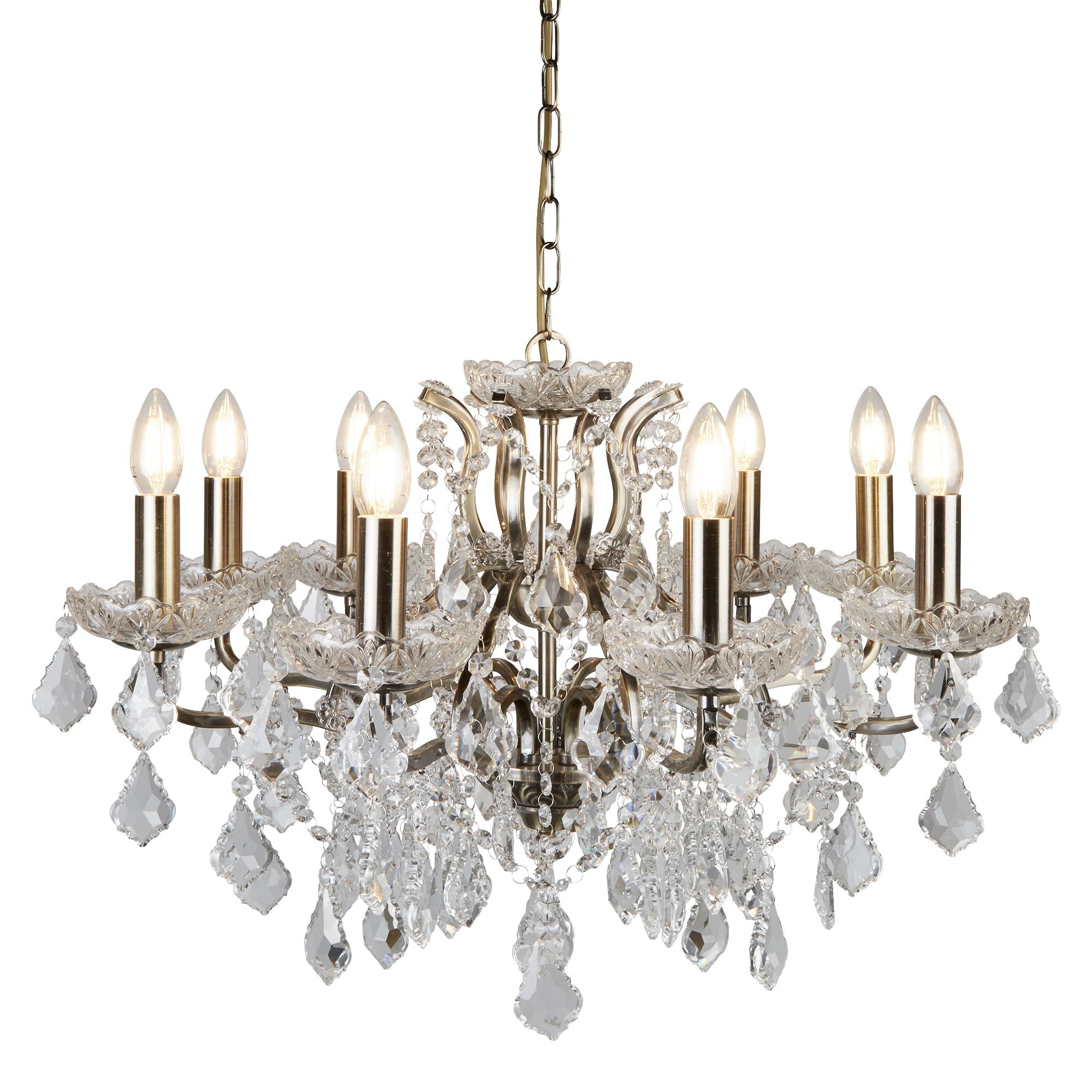 Searchlight Paley 8 Light Chandelier - Antique Brass & Clear Crystal Drops