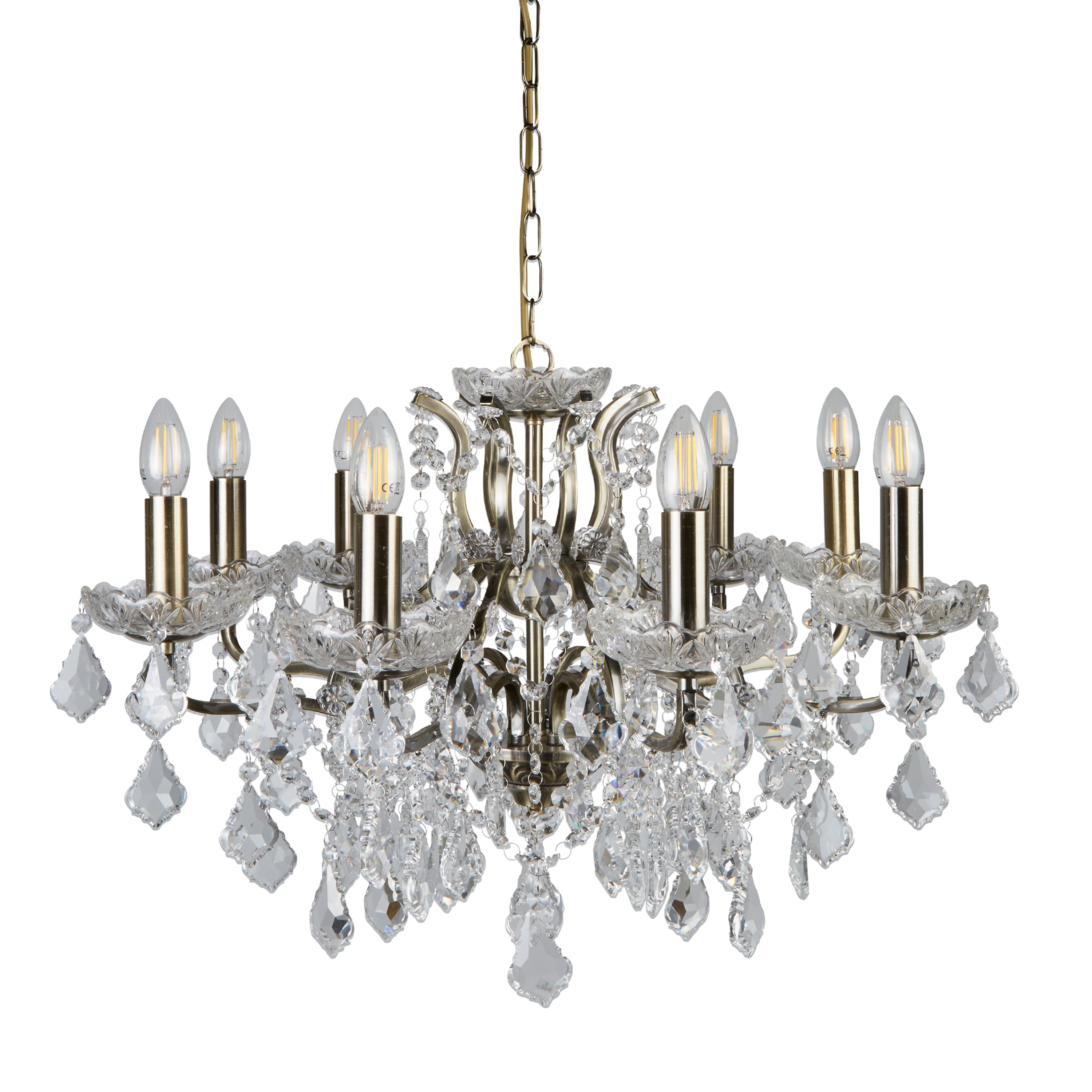 Searchlight Paley 8 Light Chandelier - Antique Brass & Clear Crystal Drops