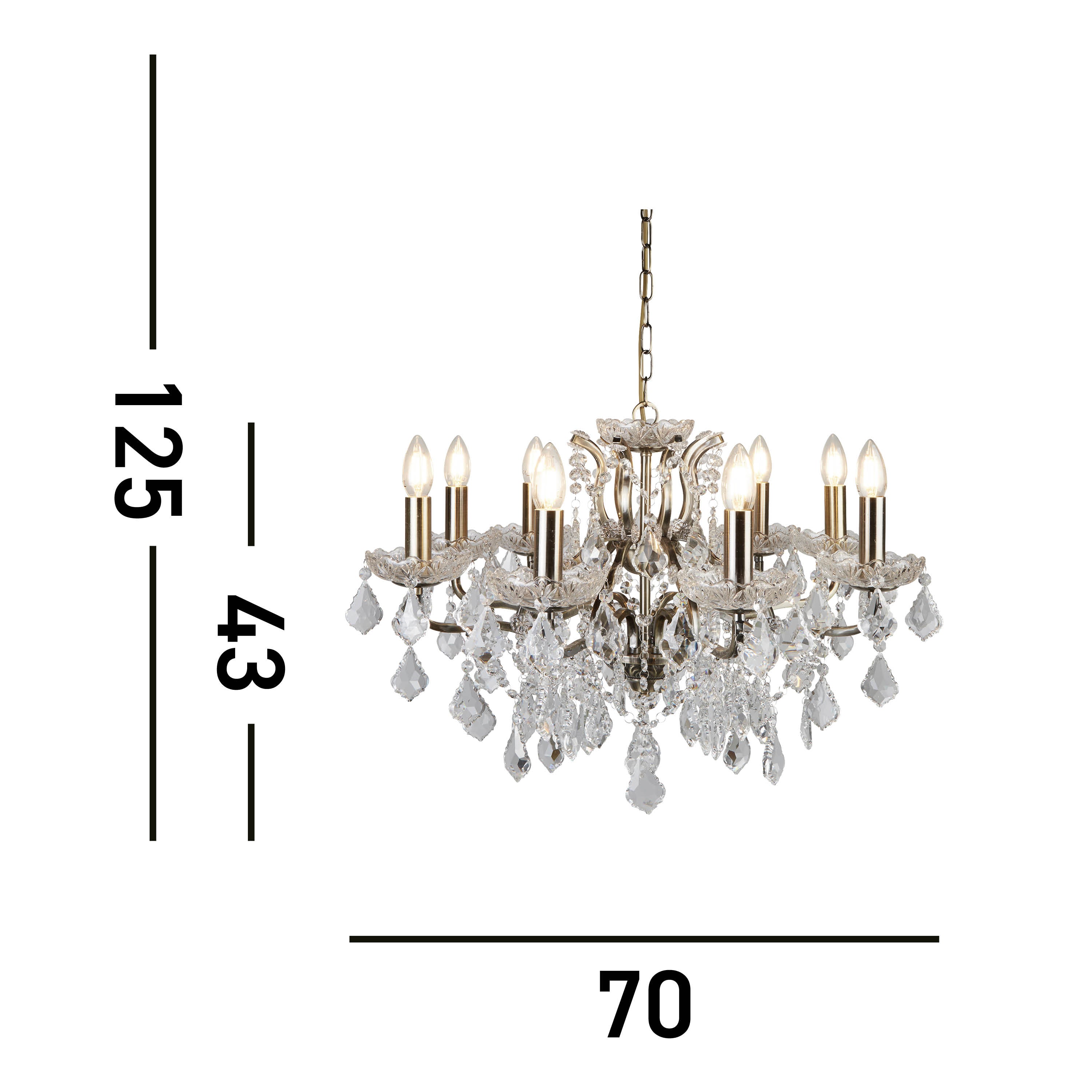 Searchlight Paley 8 Light Chandelier - Antique Brass & Clear Crystal Drops