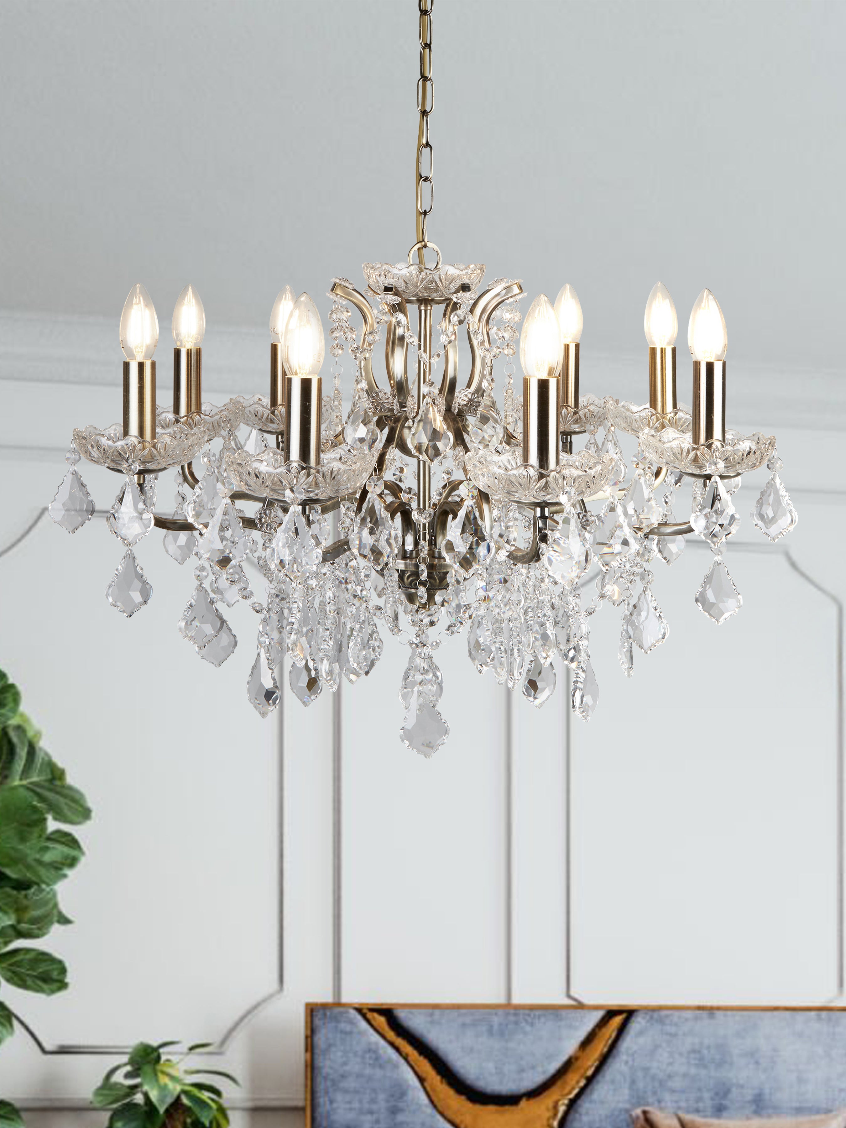 Searchlight Paley 8 Light Chandelier - Antique Brass & Clear Crystal Drops