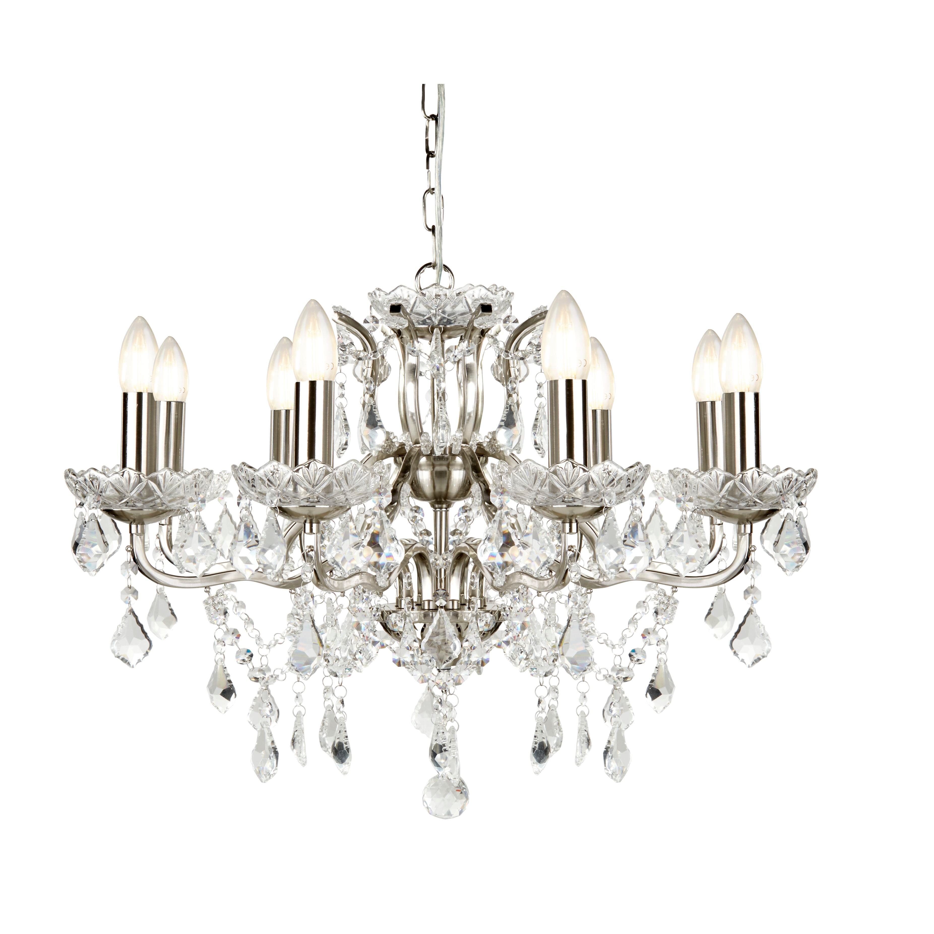 Searchlight Paley 8 Light Chandelier - Satin Silver & Clear Crystal Drops