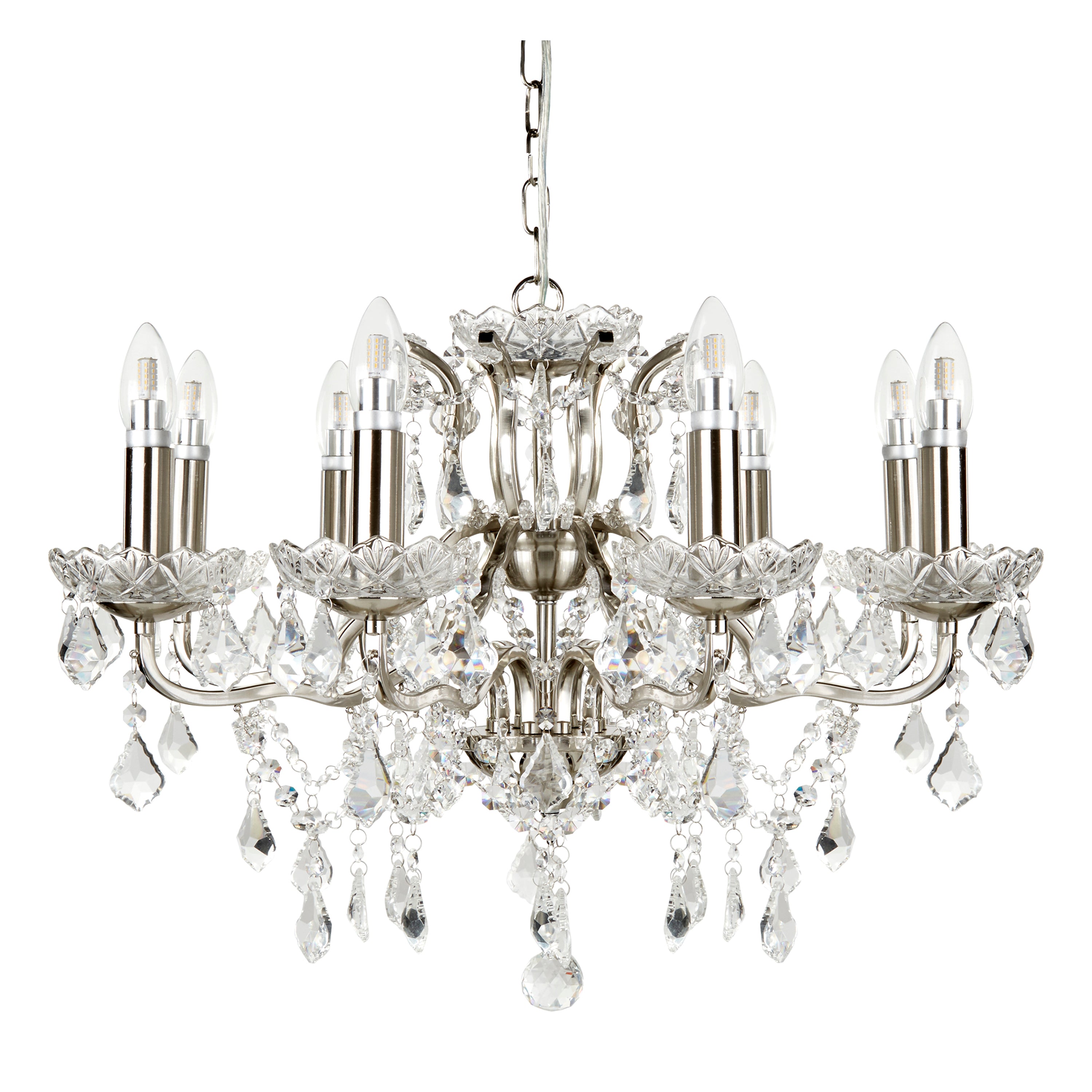 Searchlight Paley 8 Light Chandelier - Satin Silver & Clear Crystal Drops