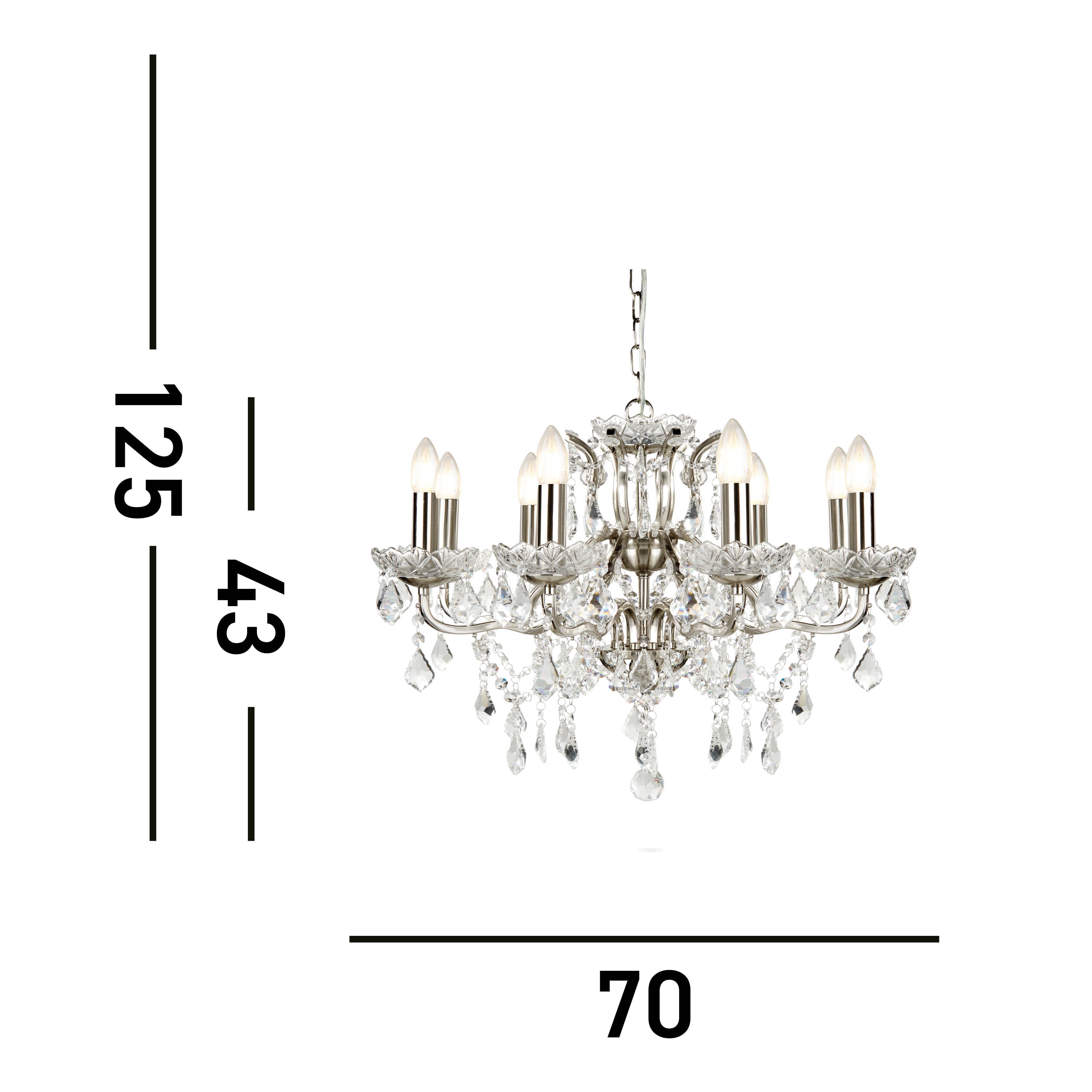 Searchlight Paley 8 Light Chandelier - Satin Silver & Clear Crystal Drops
