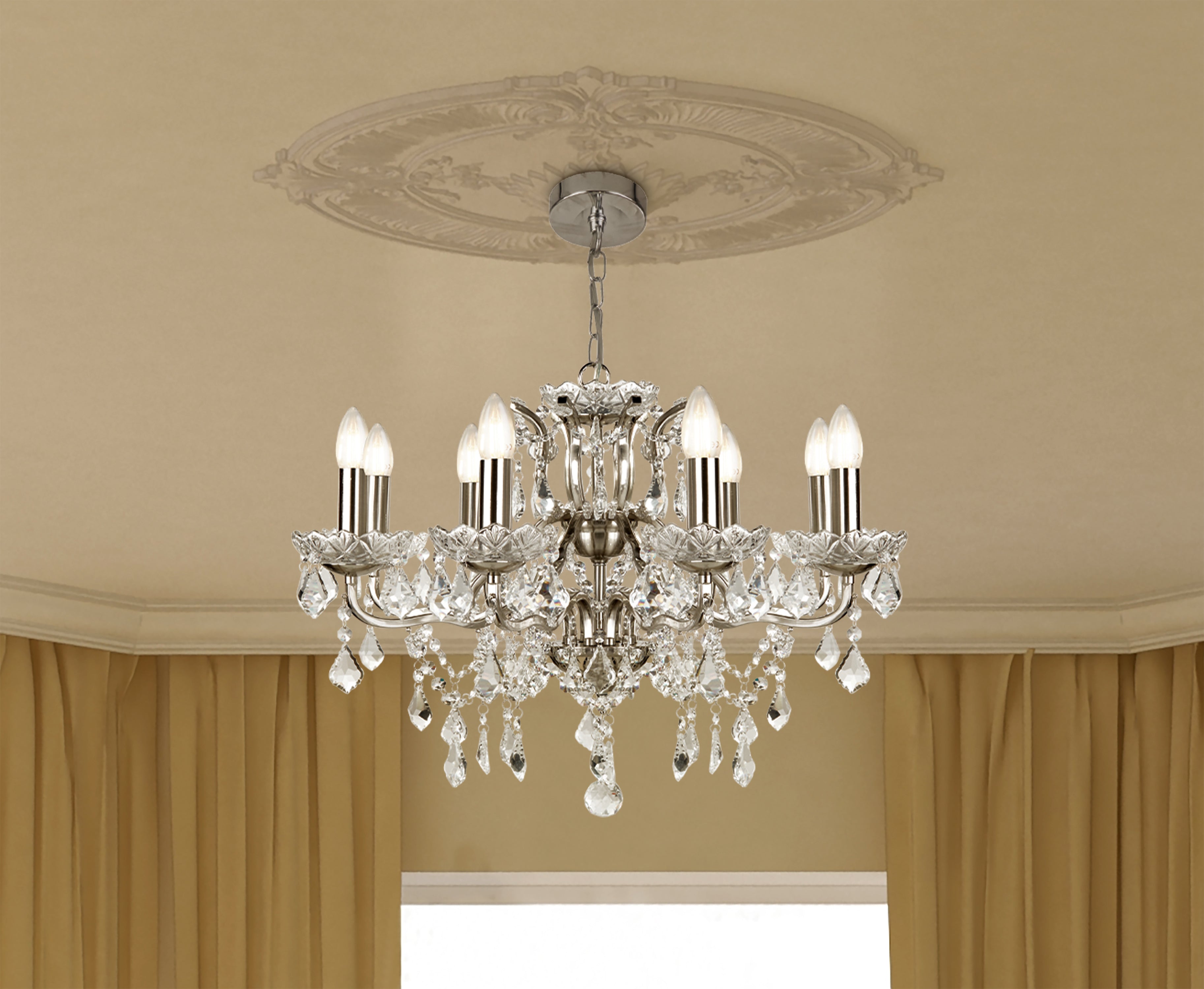 Searchlight Paley 8 Light Chandelier - Satin Silver & Clear Crystal Drops