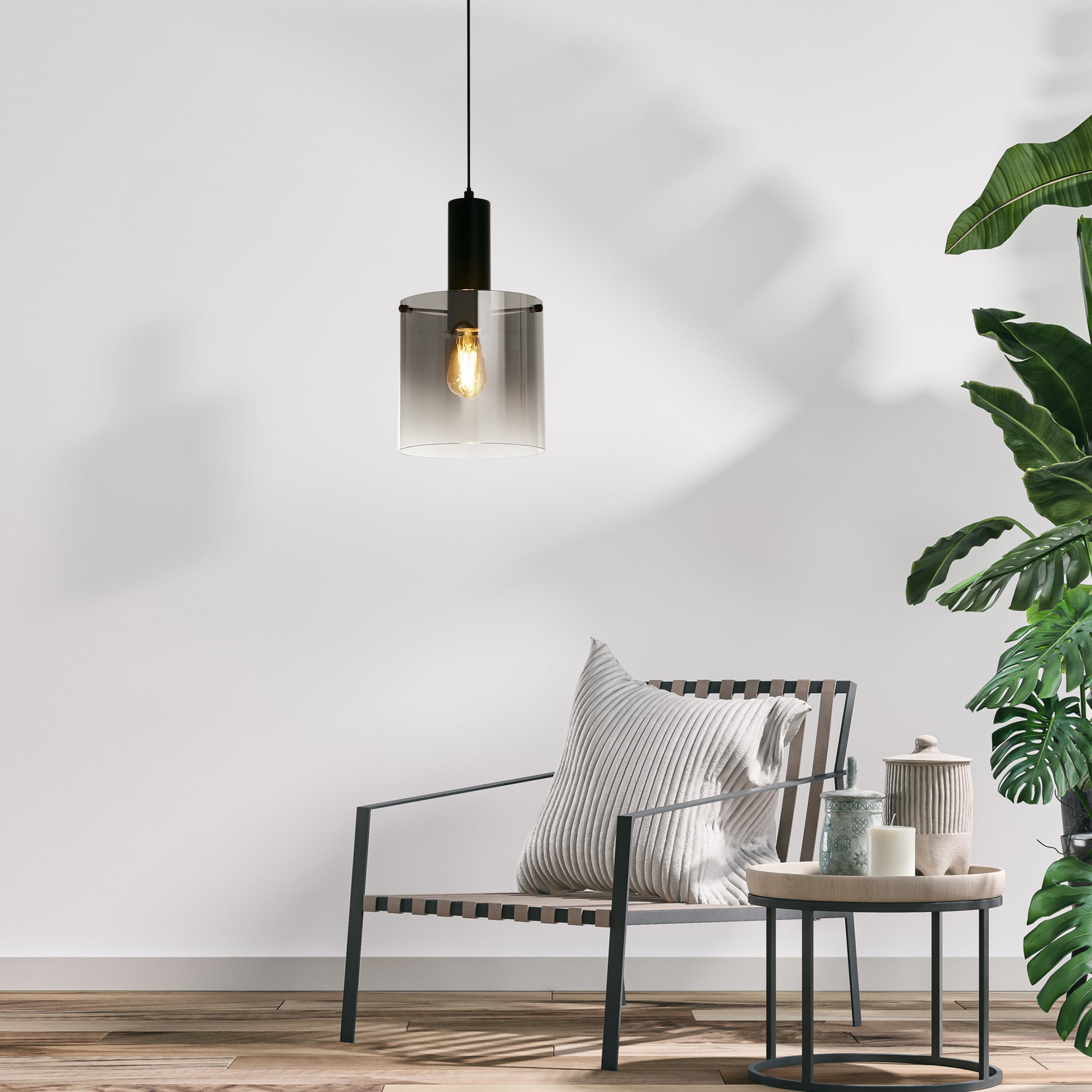 Searchlight Stirling Pendant - Matt Black & Smoked Ombre Glass