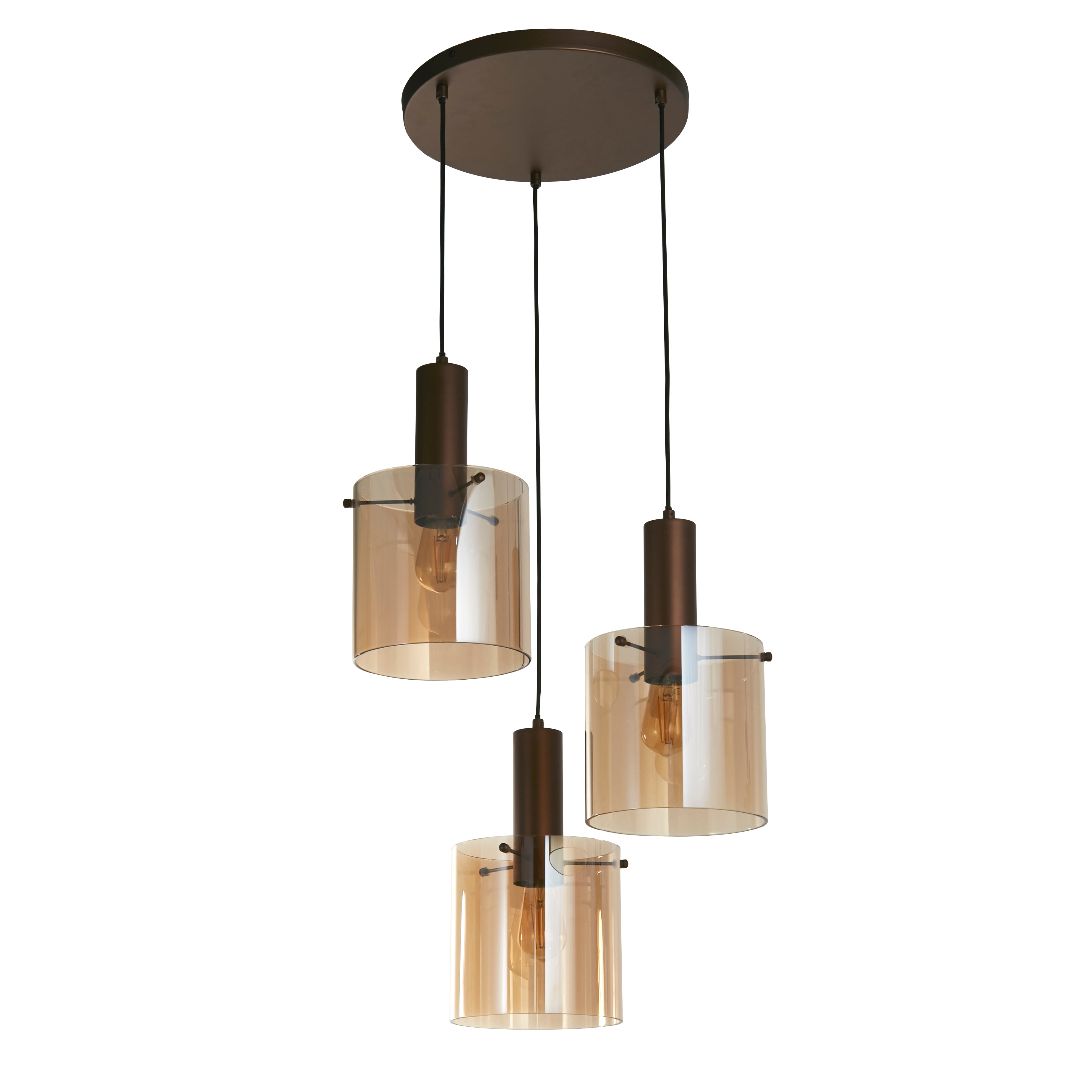Searchlight Stirling 3 Light Multi-Drop Pendant - Mocha & Amber Glass