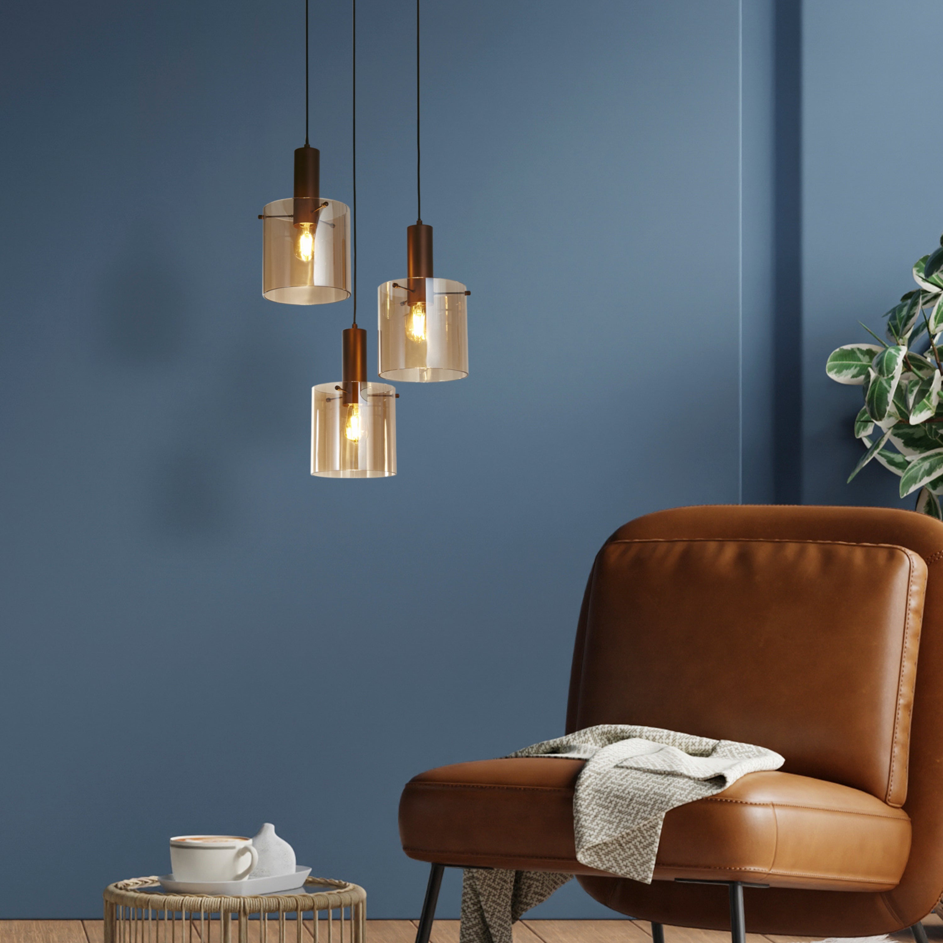 Searchlight Stirling 3 Light Multi-Drop Pendant - Mocha & Amber Glass