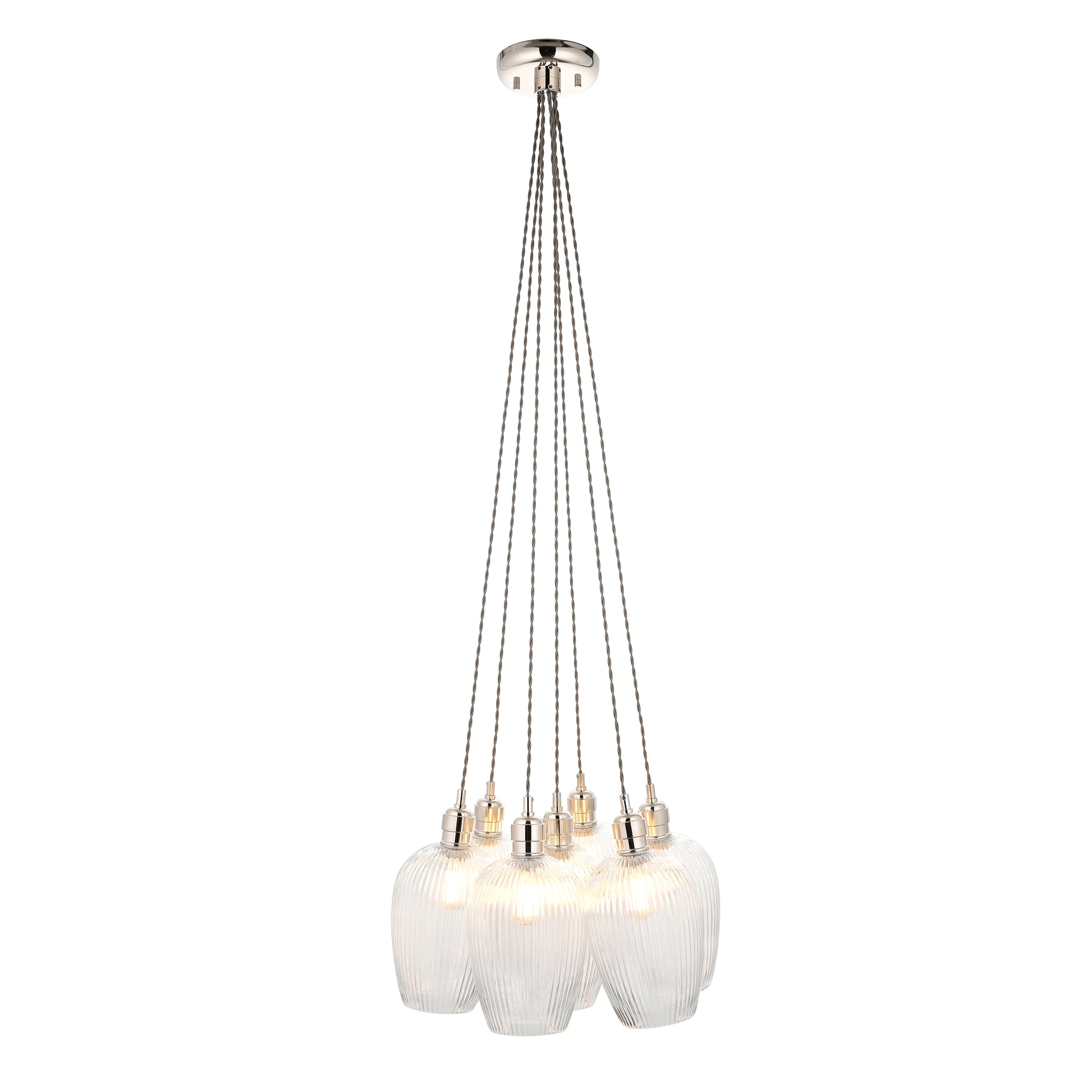 Utopia Finesse 7 Light Cluster Ceiling Pendant - Bright Nickel & Clear Ribbed Glass