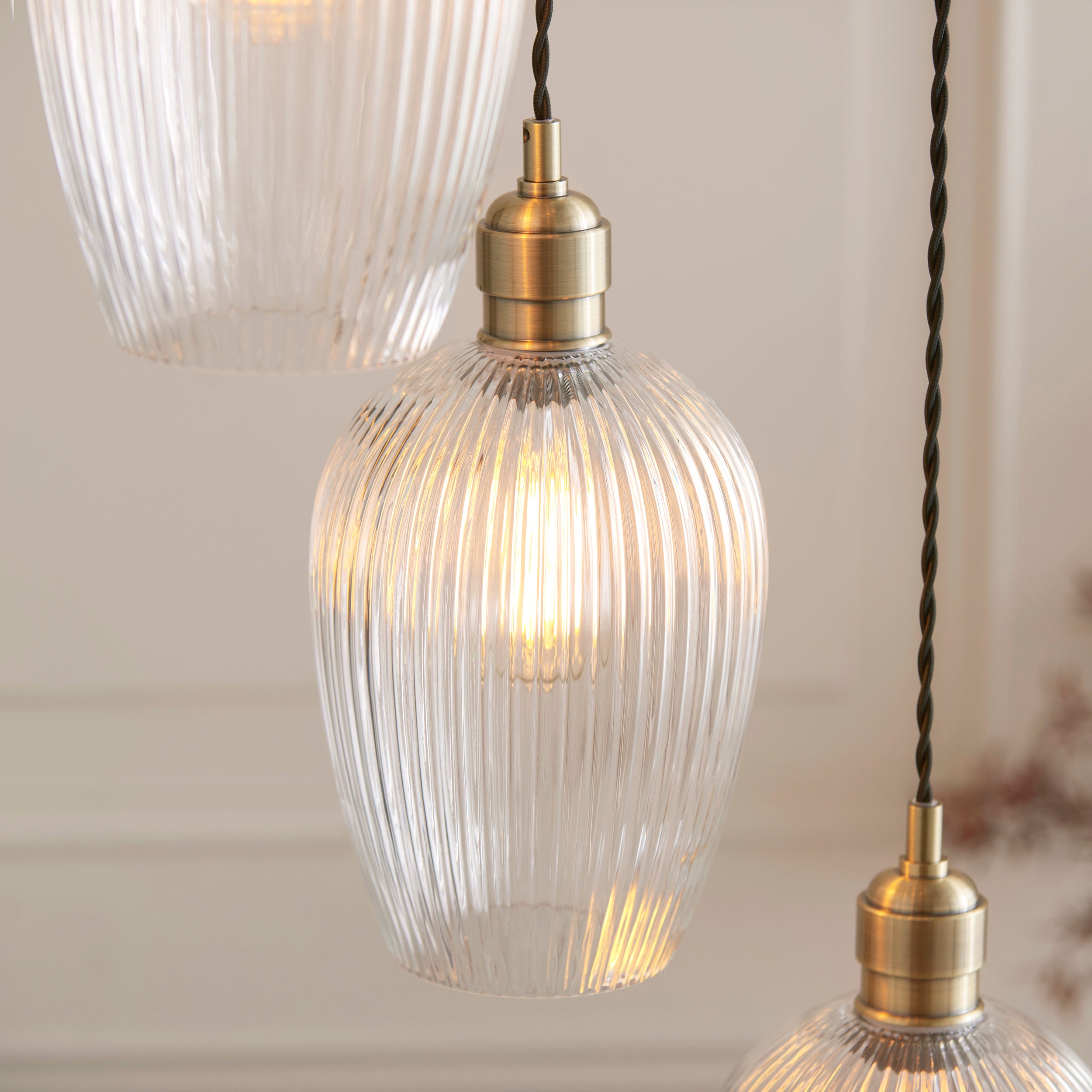 Utopia Finesse 7 Light Cascade Ceiling Pendant - Antique Brass & Clear Ribbed Glass