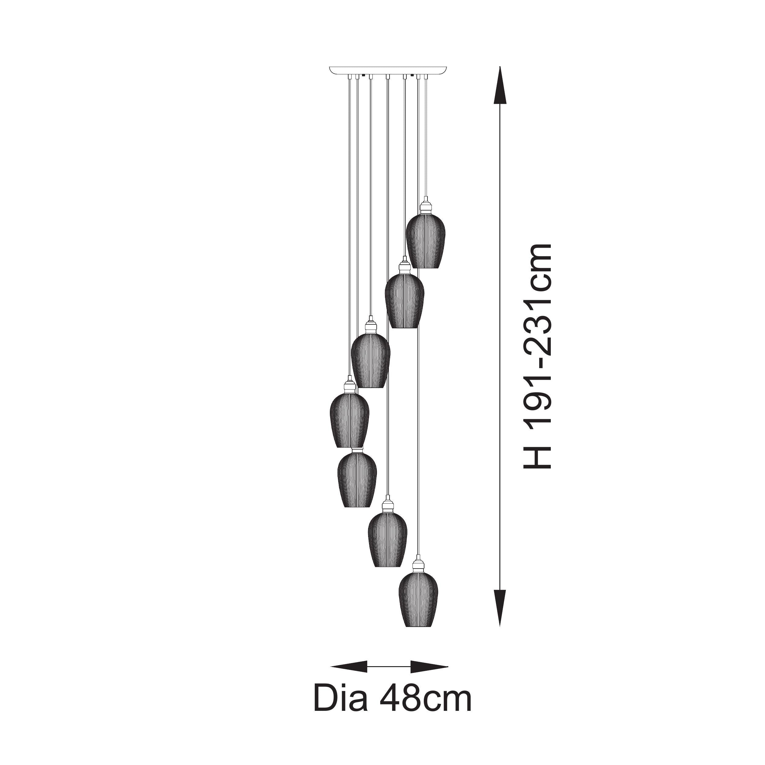 Utopia Finesse 7 Light Cascade Ceiling Pendant - Antique Brass & Clear Ribbed Glass