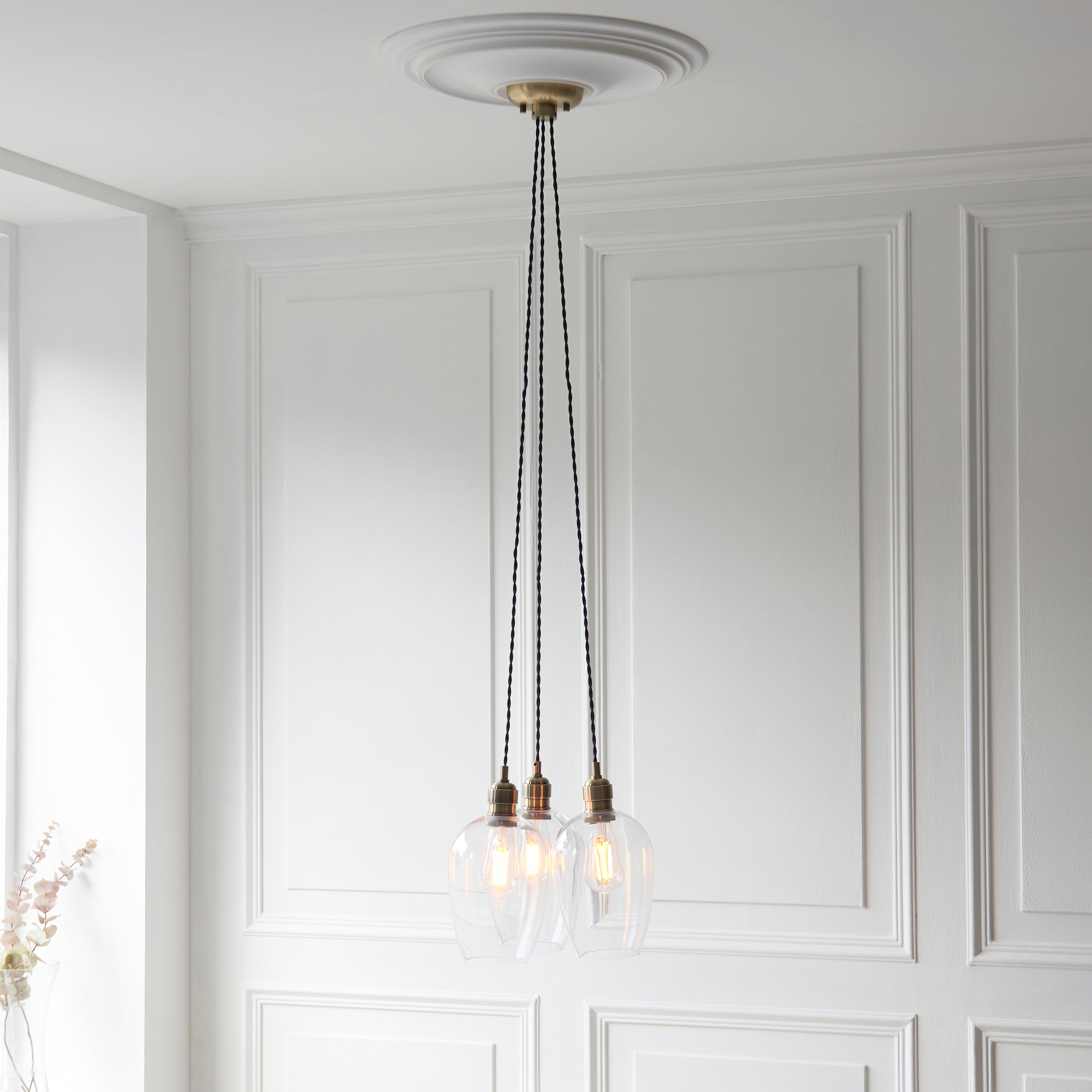 Utopia Finesse 3 Light Cluster Ceiling Pendant - Antique Brass & Clear Glass