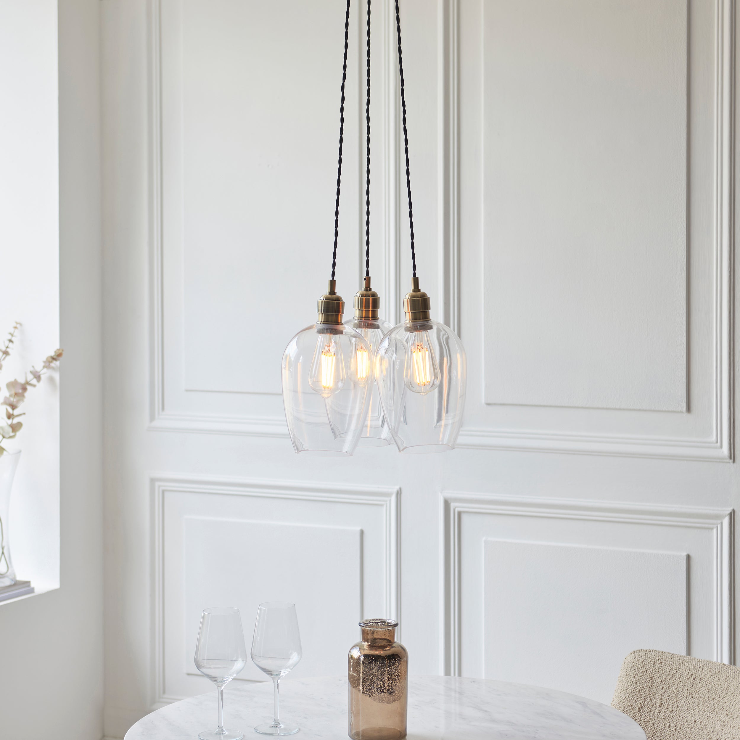 Utopia Finesse 3 Light Cluster Ceiling Pendant - Antique Brass & Clear Glass