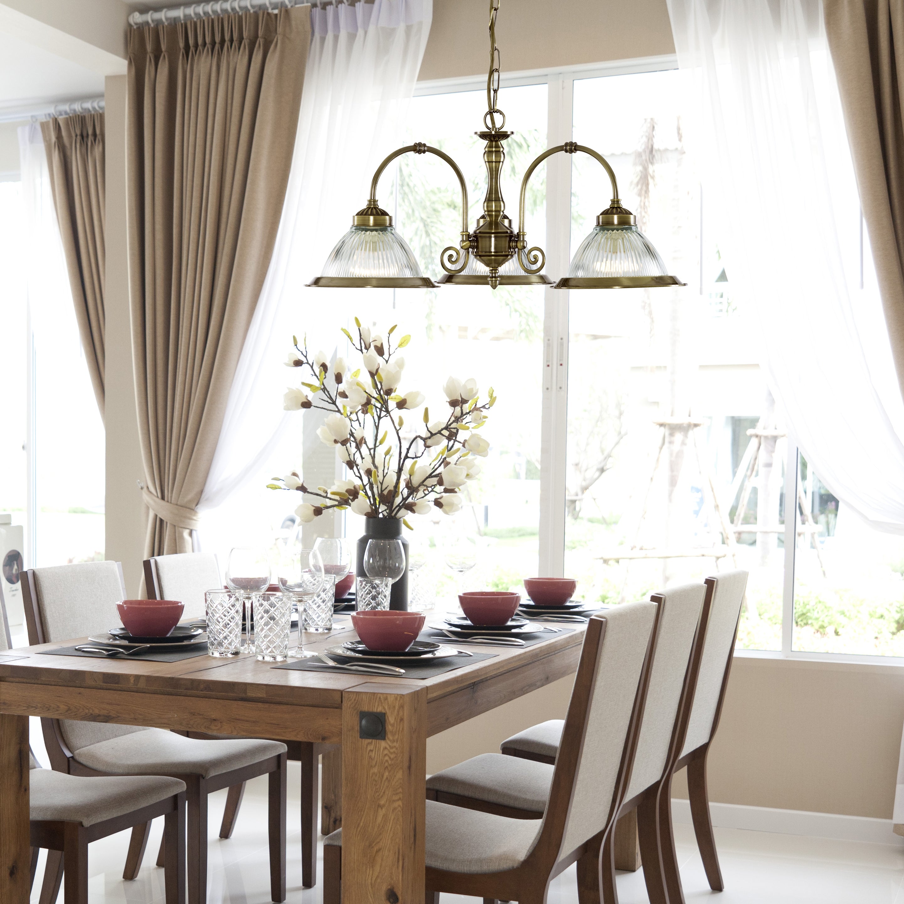 Searchlight Aintree 3 Light Ceiling Pendant - Antique Brass & Glass