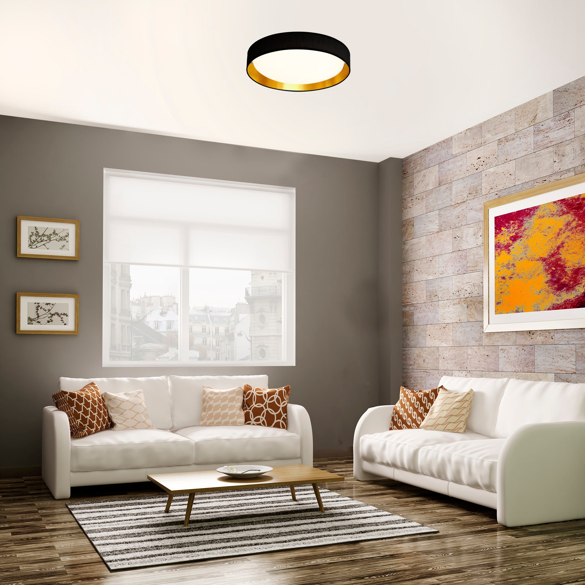 Searchlight Garson LED Flush Ceiling Light - Black/Gold Shade & Acrylic Diffuser