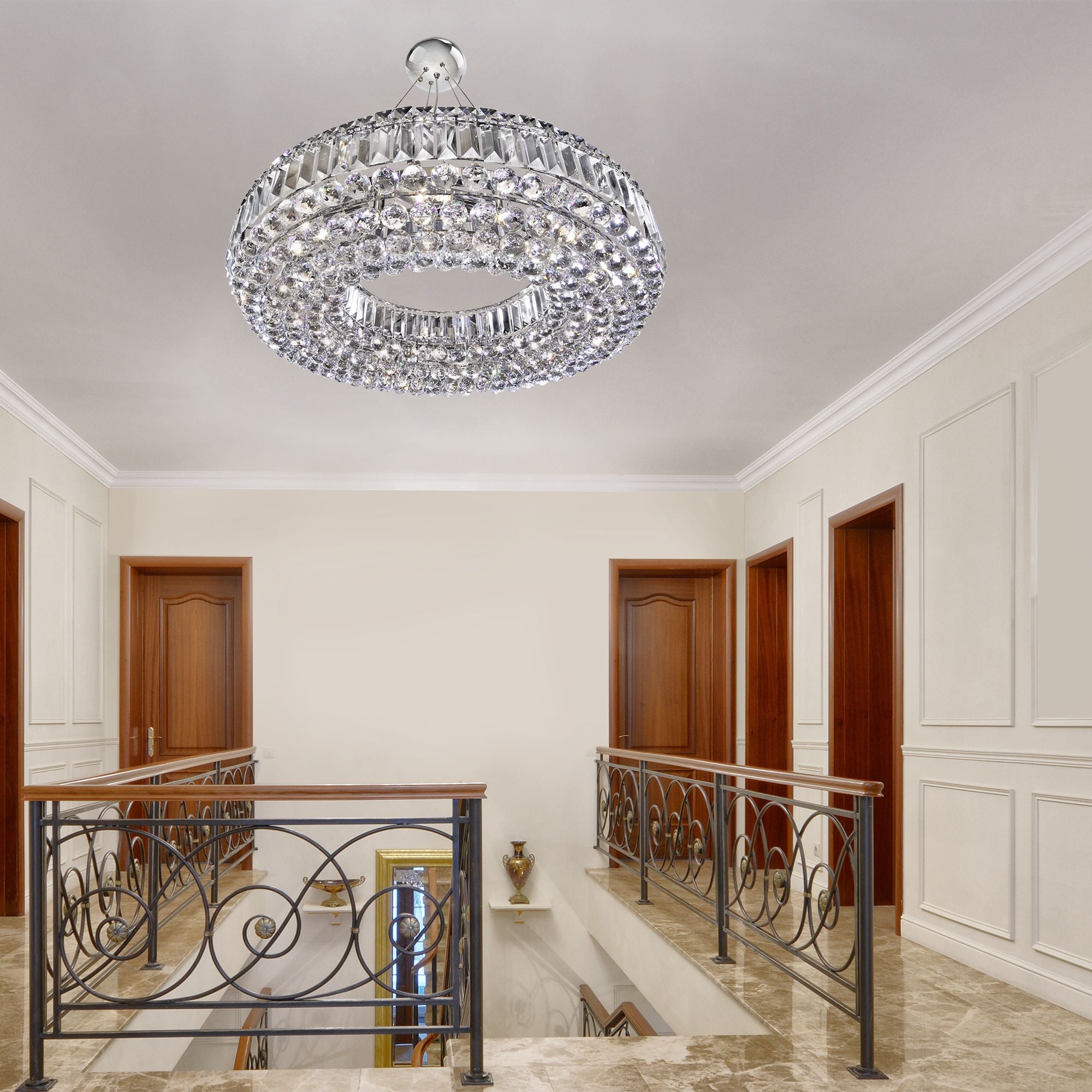 Searchlight Vivian Circular 10 Light Pendant - Chrome, Clear Coffin & Ball Drops