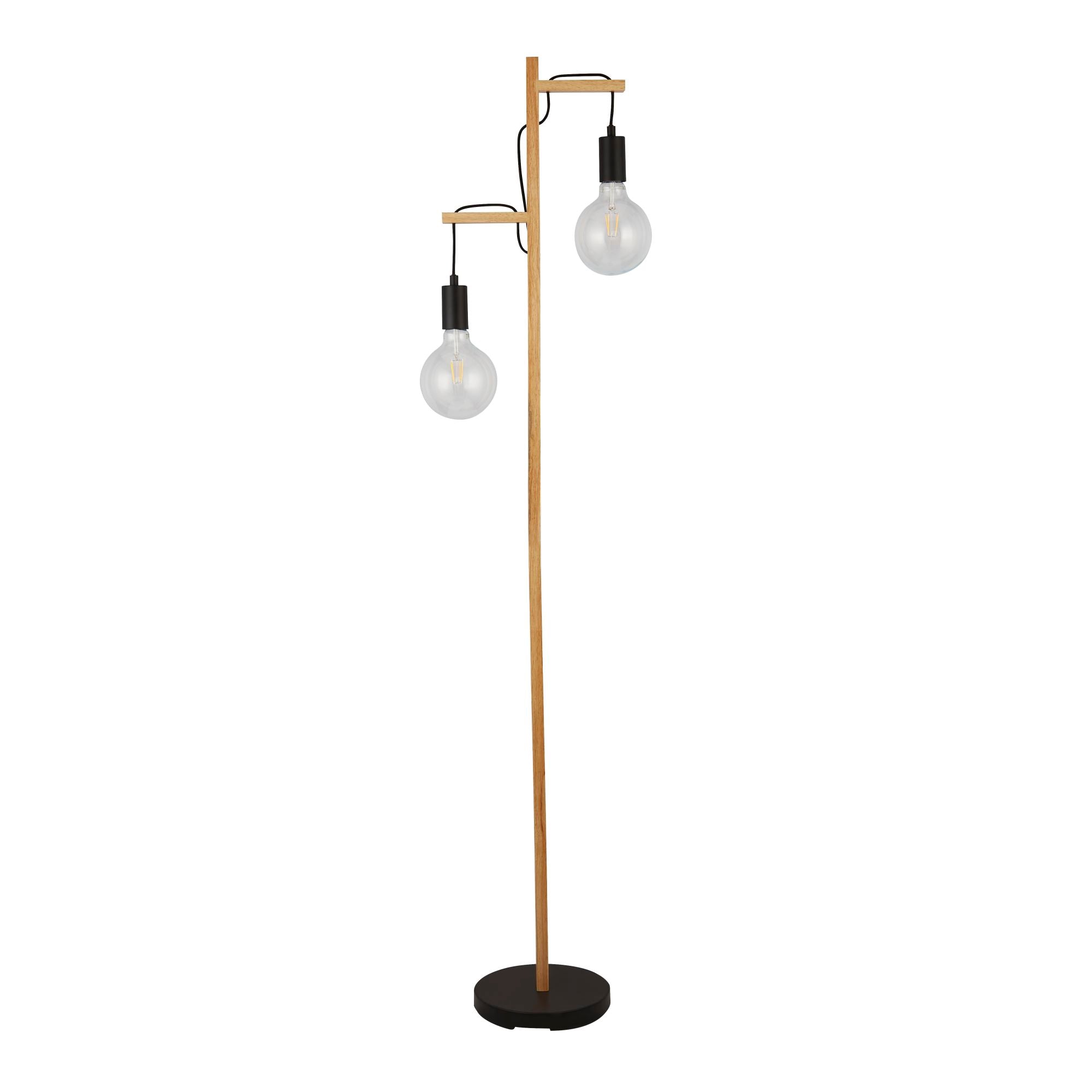 Searchlight Woodstock 2 Light Floor Lamp - Natural Wood & Black