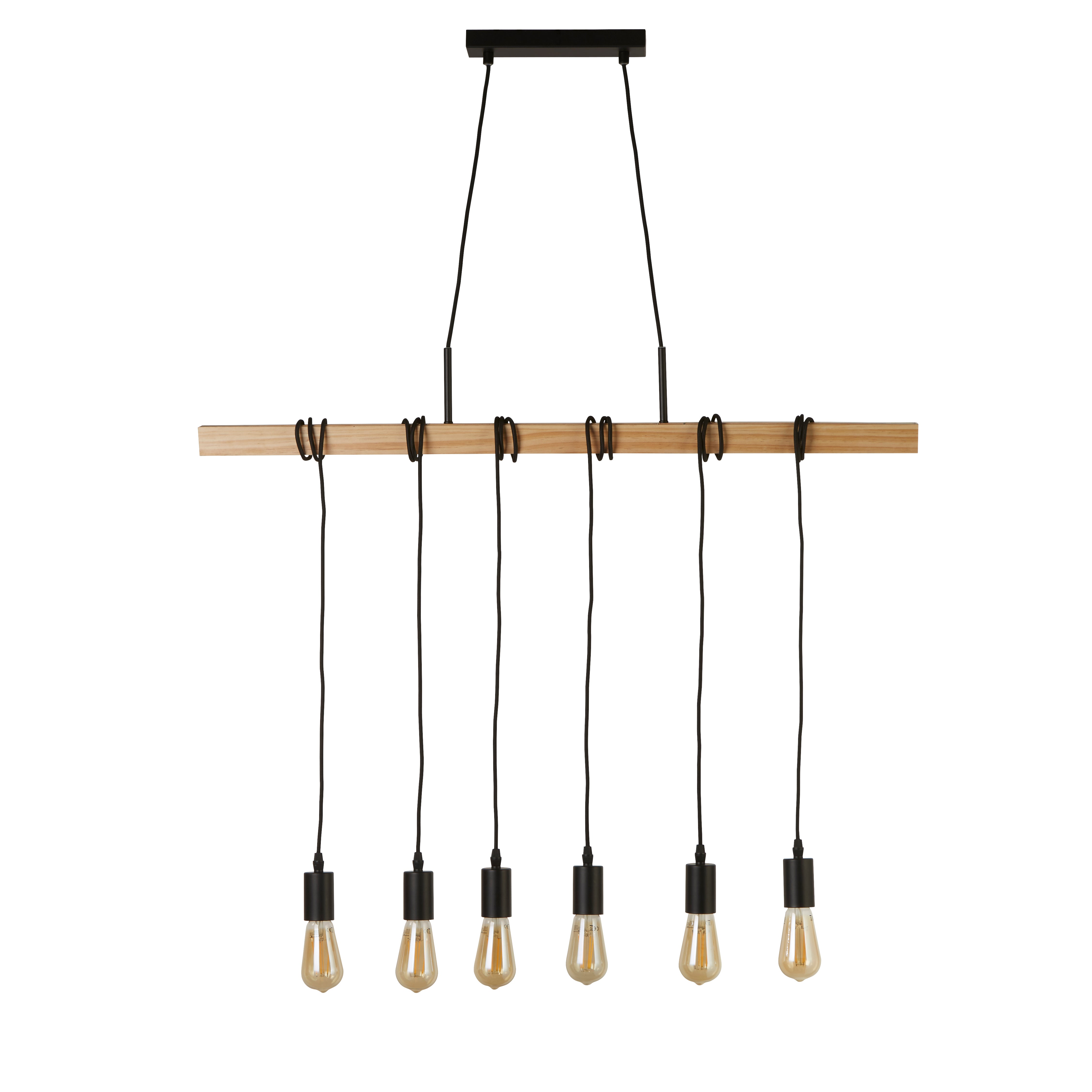 Searchlight Woodstock 6 Light Bar Pendant - Natural Wood & Black