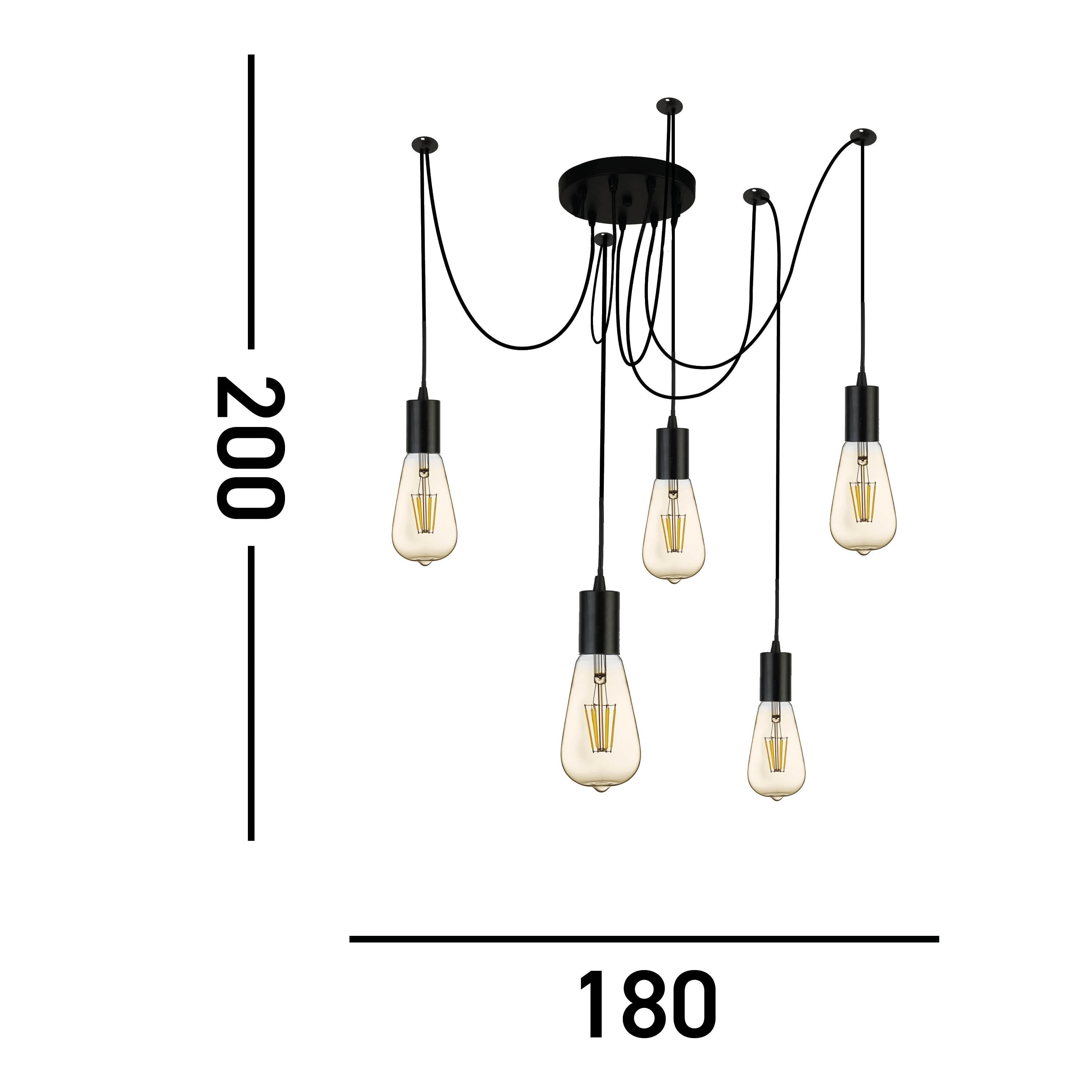 Searchlight Spencer 5 Light Ceiling Pendant - Black & Cables