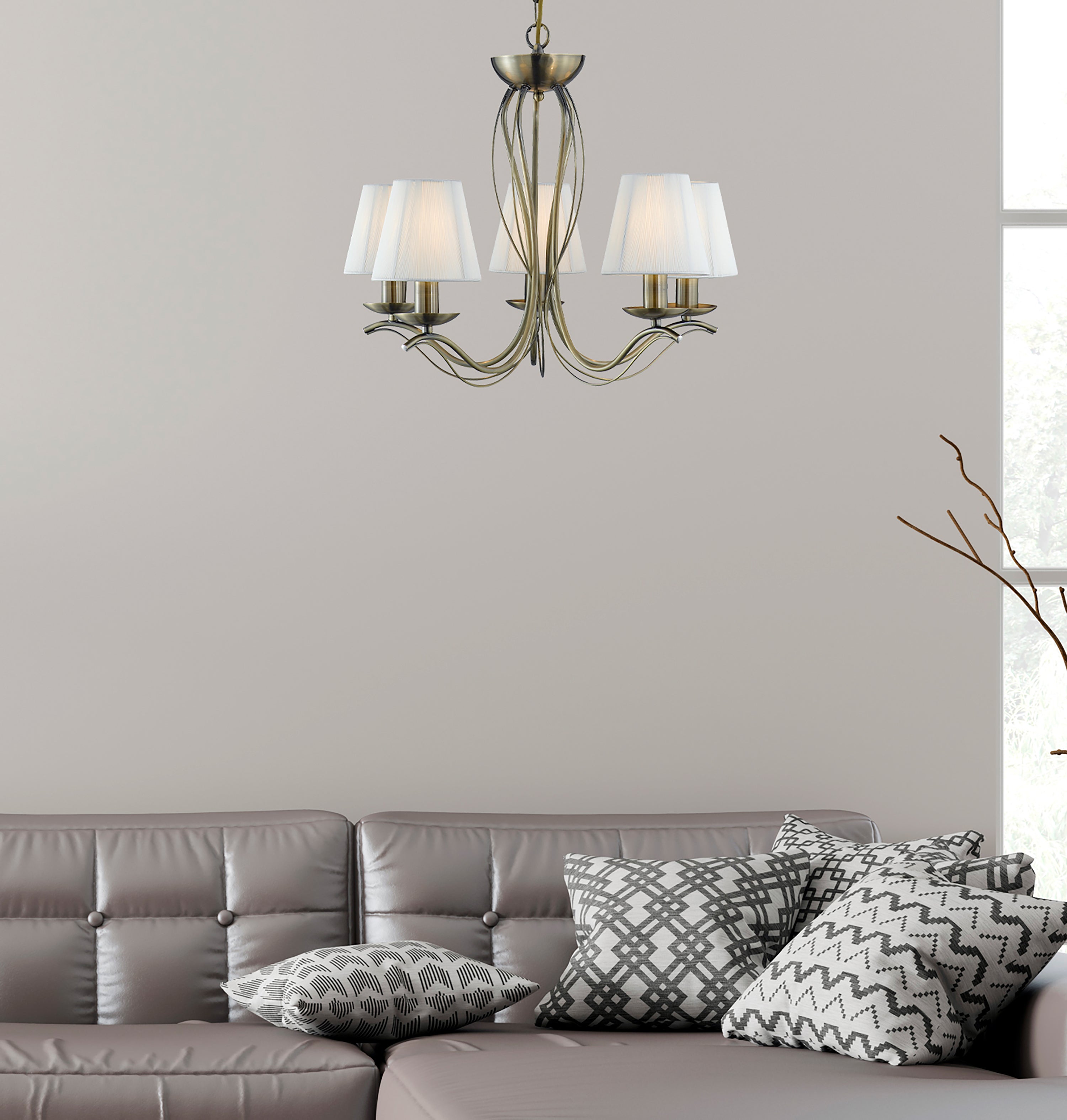 Searchlight Althorp 5 Light Pendant - Antique Brass & Ivory String Fabric