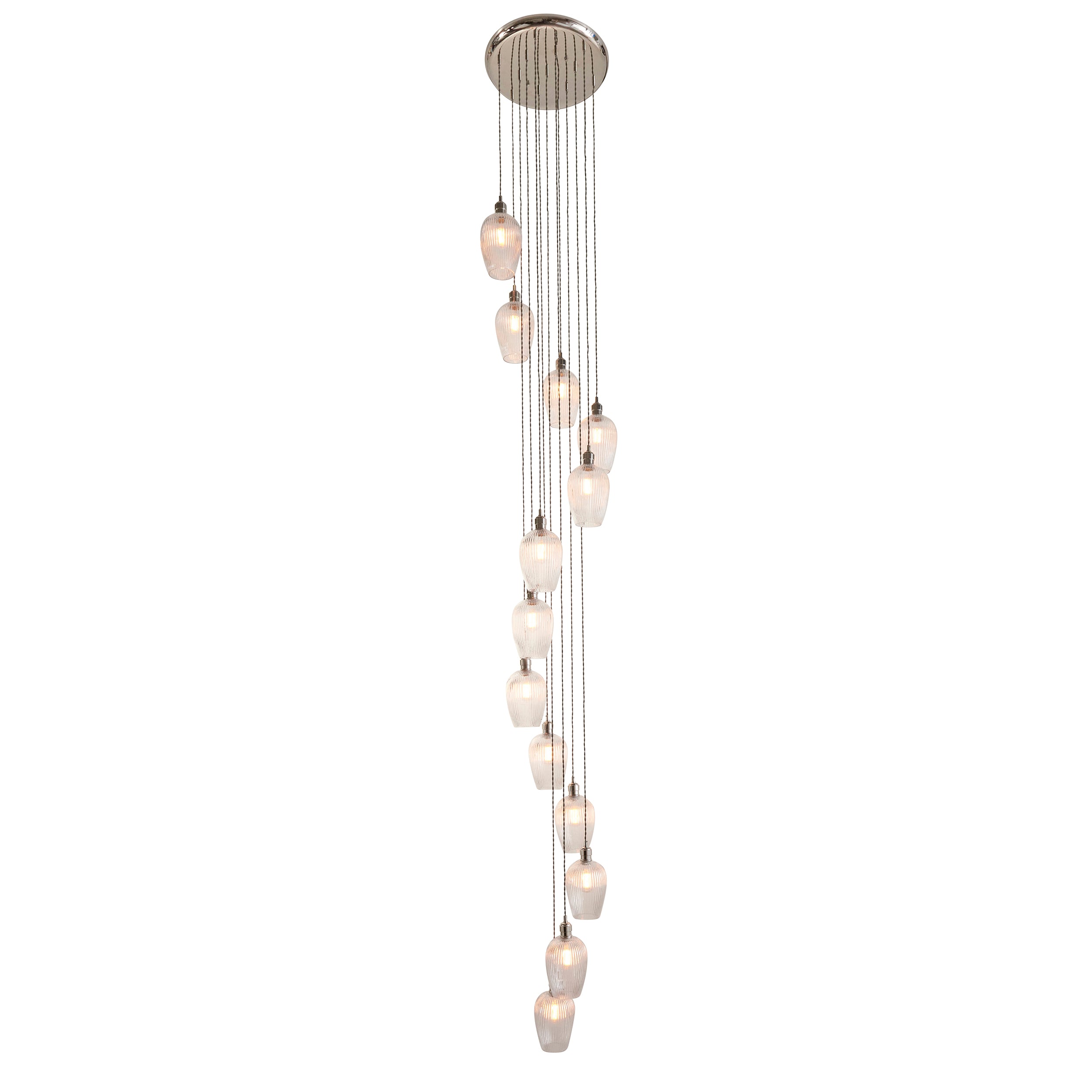 Utopia Finesse 13 Light Cascade Ceiling Pendant - Bright Nickel & Clear Ribbed Glass