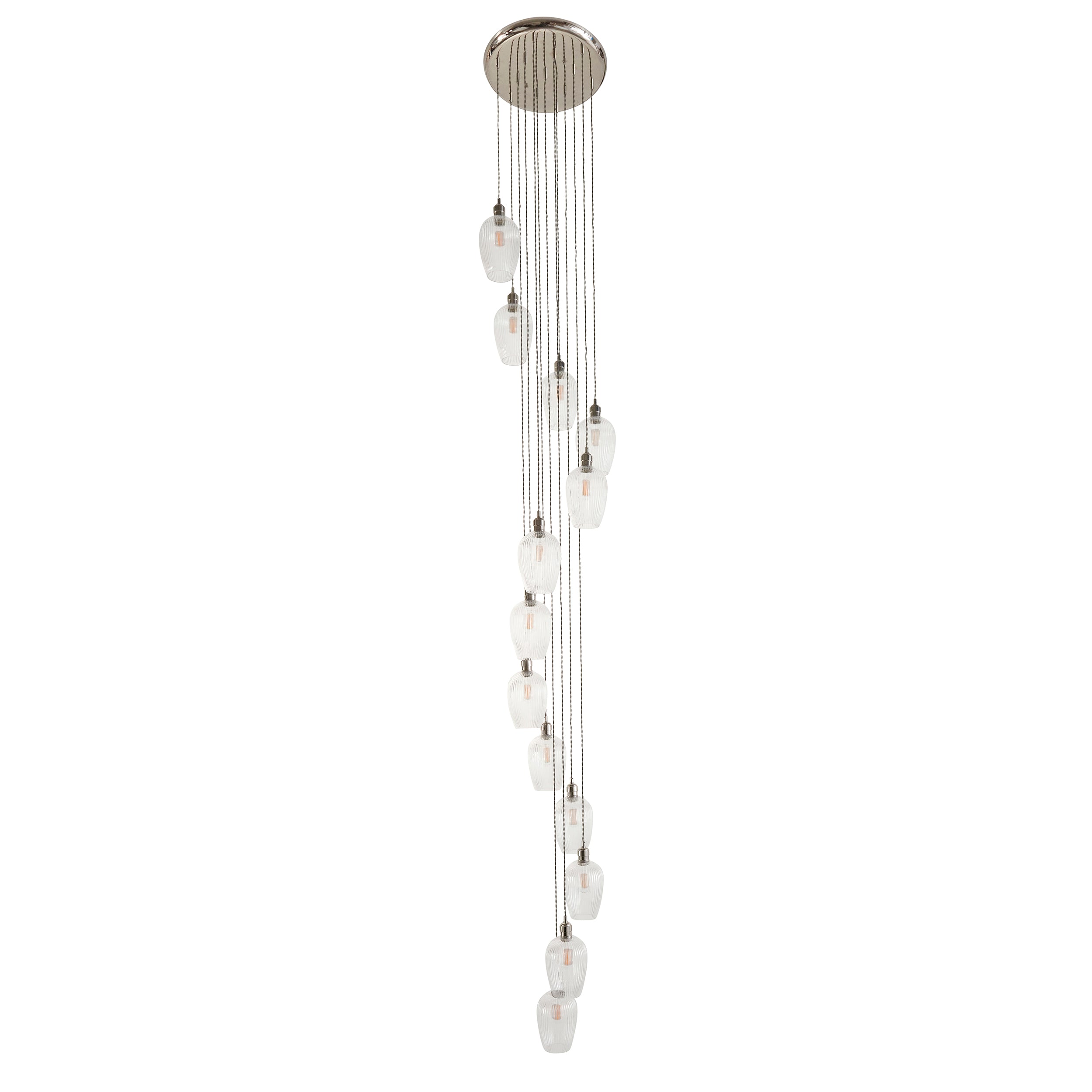 Utopia Finesse 13 Light Cascade Ceiling Pendant - Bright Nickel & Clear Ribbed Glass